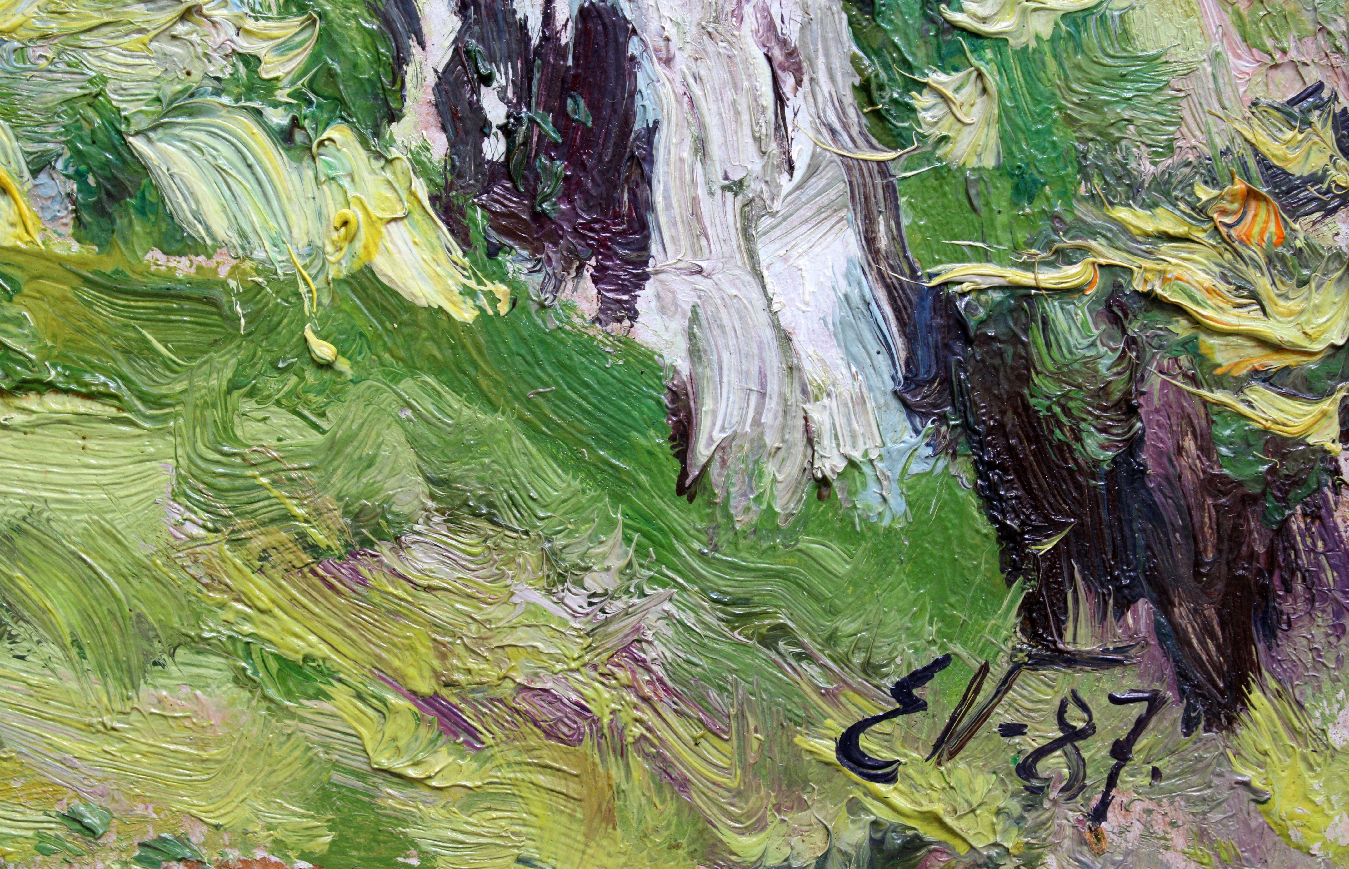 Betulle in primavera. 1987, olio su cartone, 24x32 cm - Landscape Painting Marrone di Edgars Vinters
