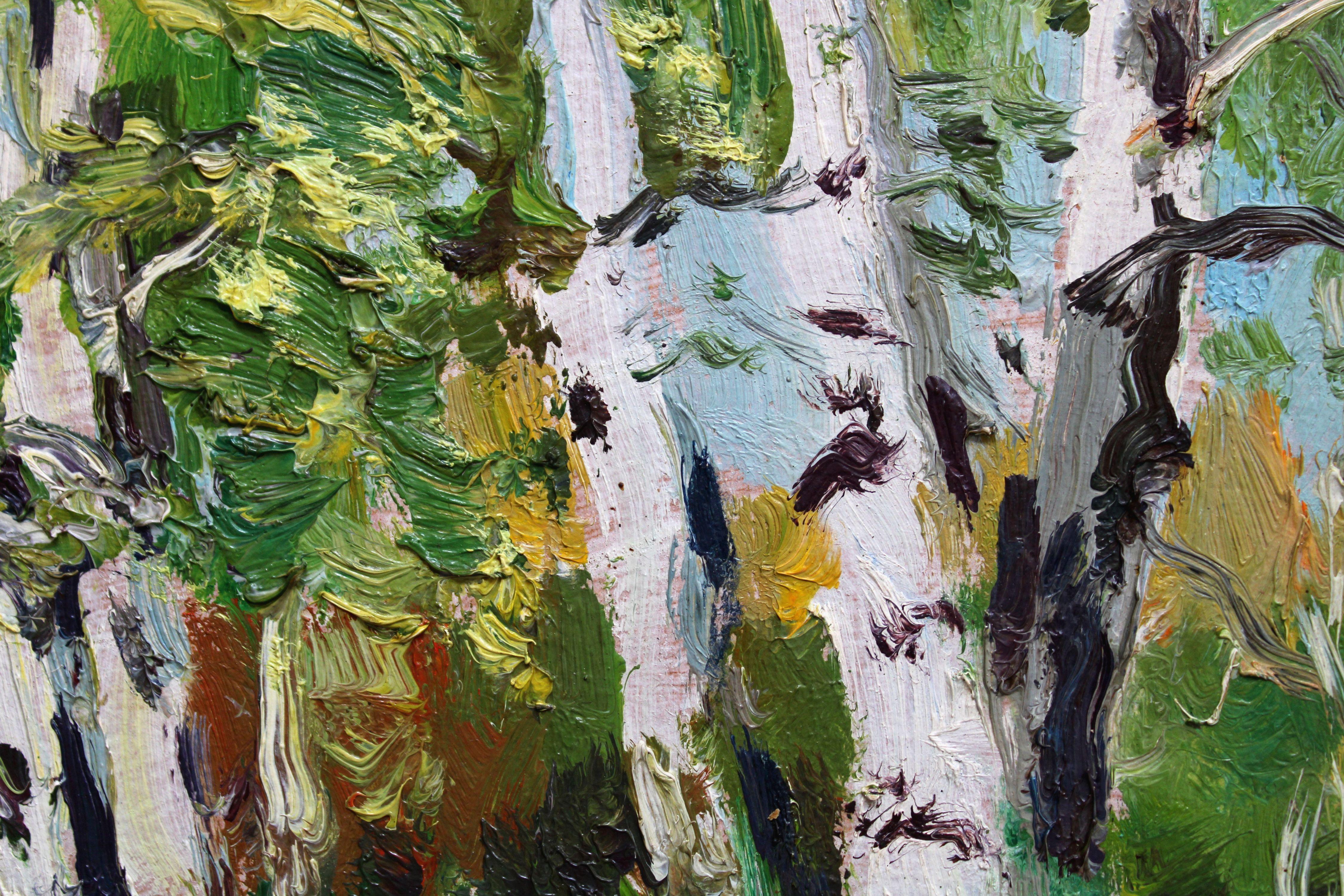 Betulle in primavera. 1987, olio su cartone, 24x32 cm in vendita 1