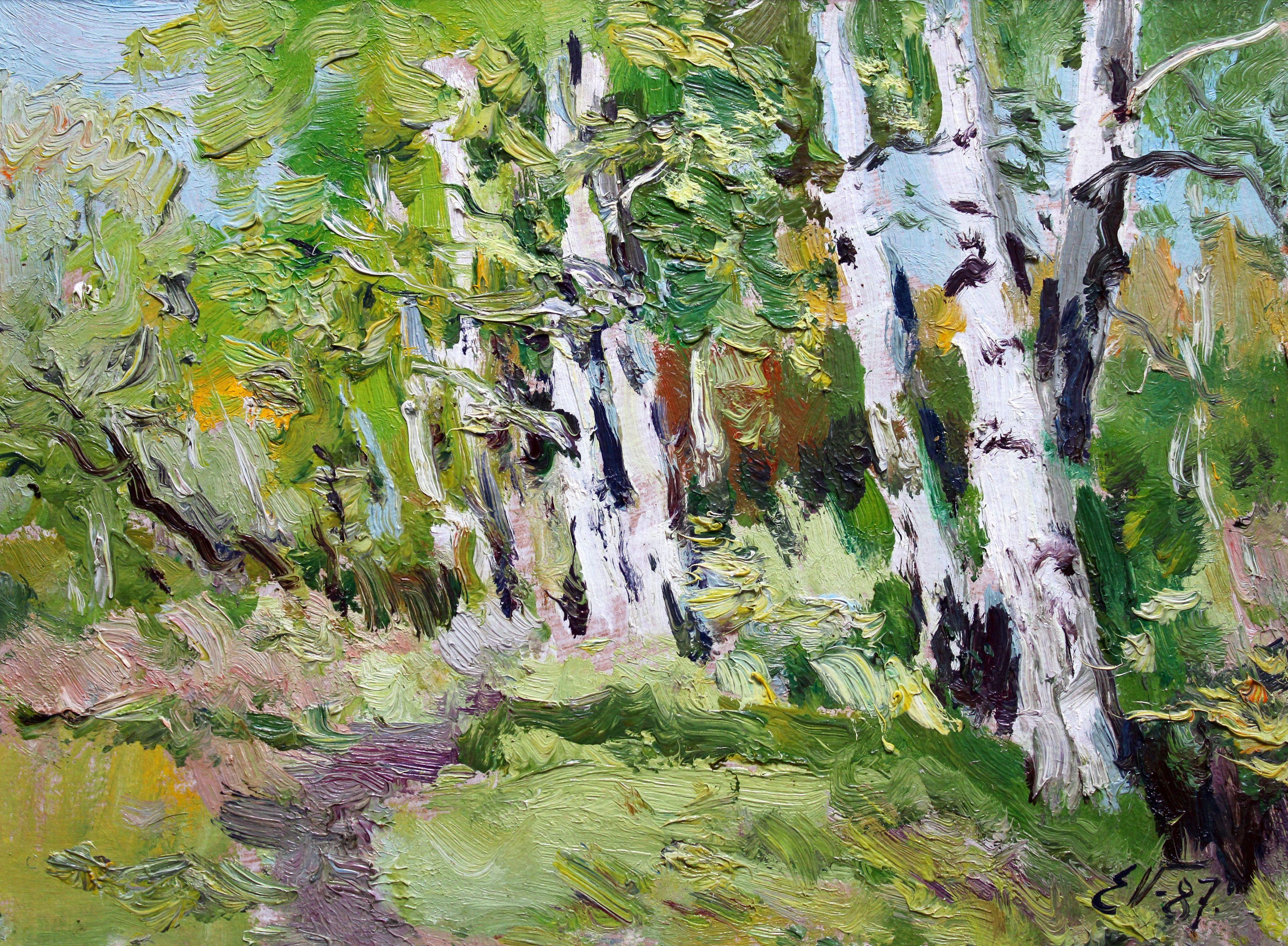 Betulle in primavera. 1987, olio su cartone, 24x32 cm