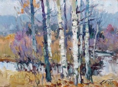 Birches in autumn. 1986, cardboard, oil, 23.5x31.5 cm