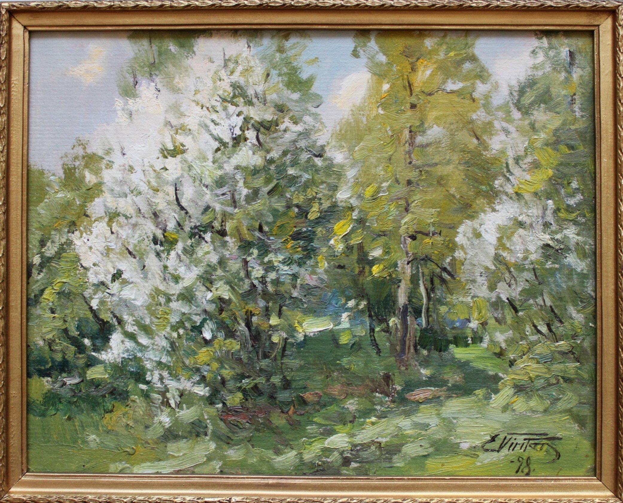 Alberi in fiore  Olio/cartone, 39x49 cm - Painting di Edgars Vinters