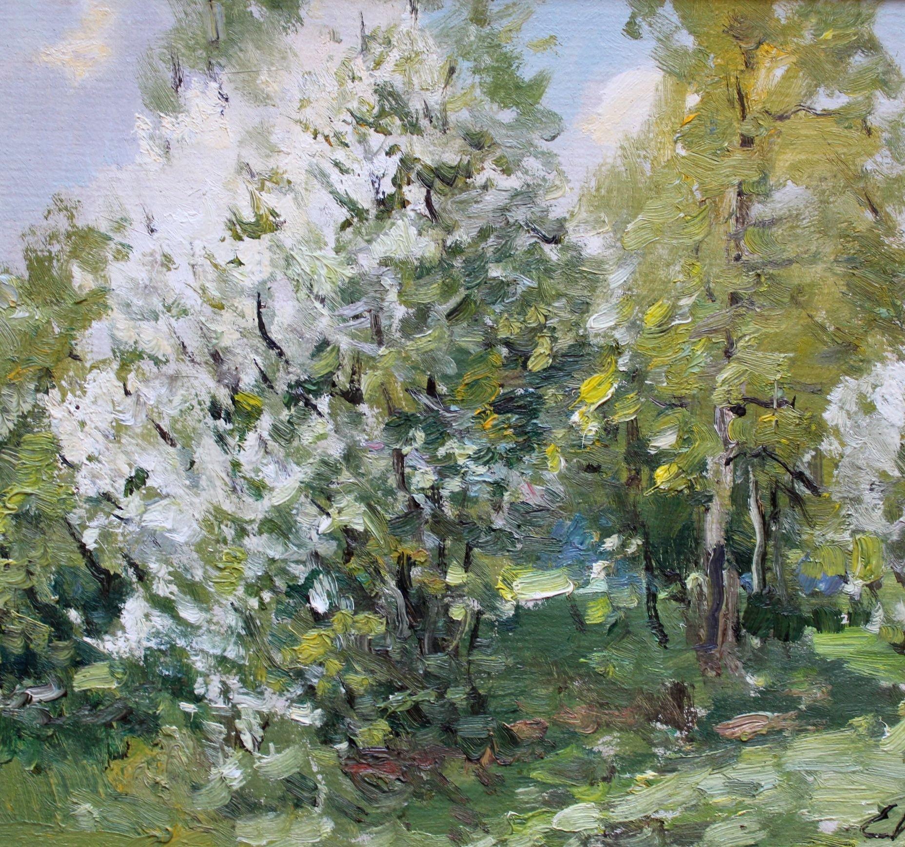 Alberi in fiore  Olio/cartone, 39x49 cm - Landscape Painting Marrone di Edgars Vinters