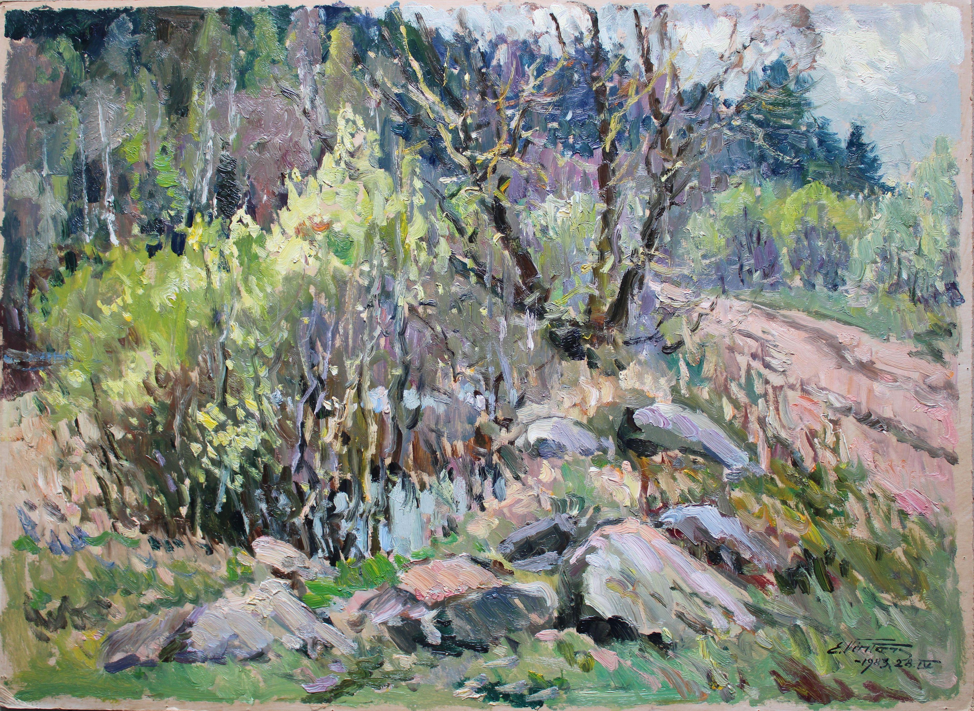 Boulders near the field. 1983, cardboard, oil, 68x94 cm - Impressionist Art by Edgars Vinters