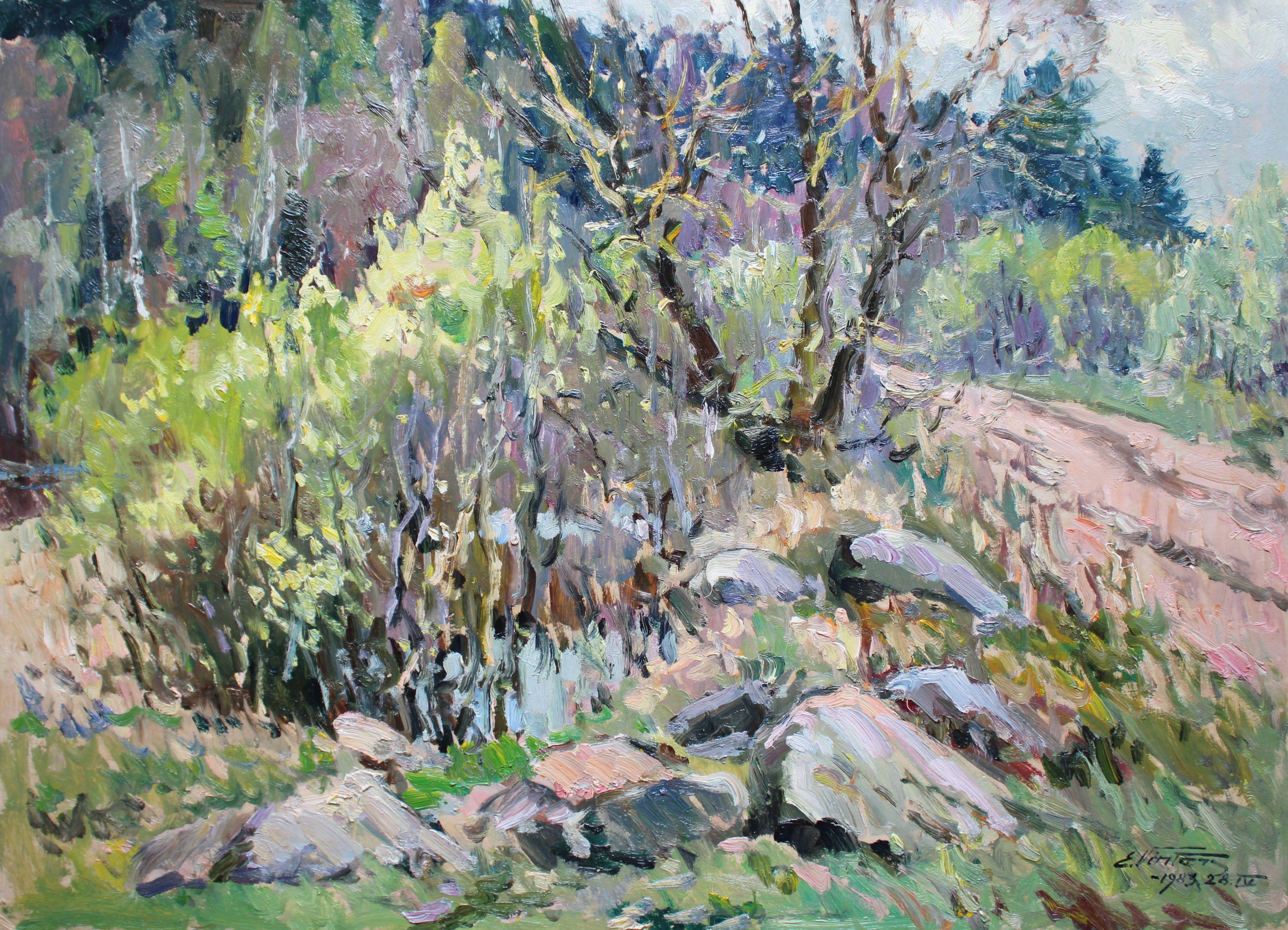 Boulders près du champ. 1983, carton, huile, 68 x94 cm - Art de Edgars Vinters