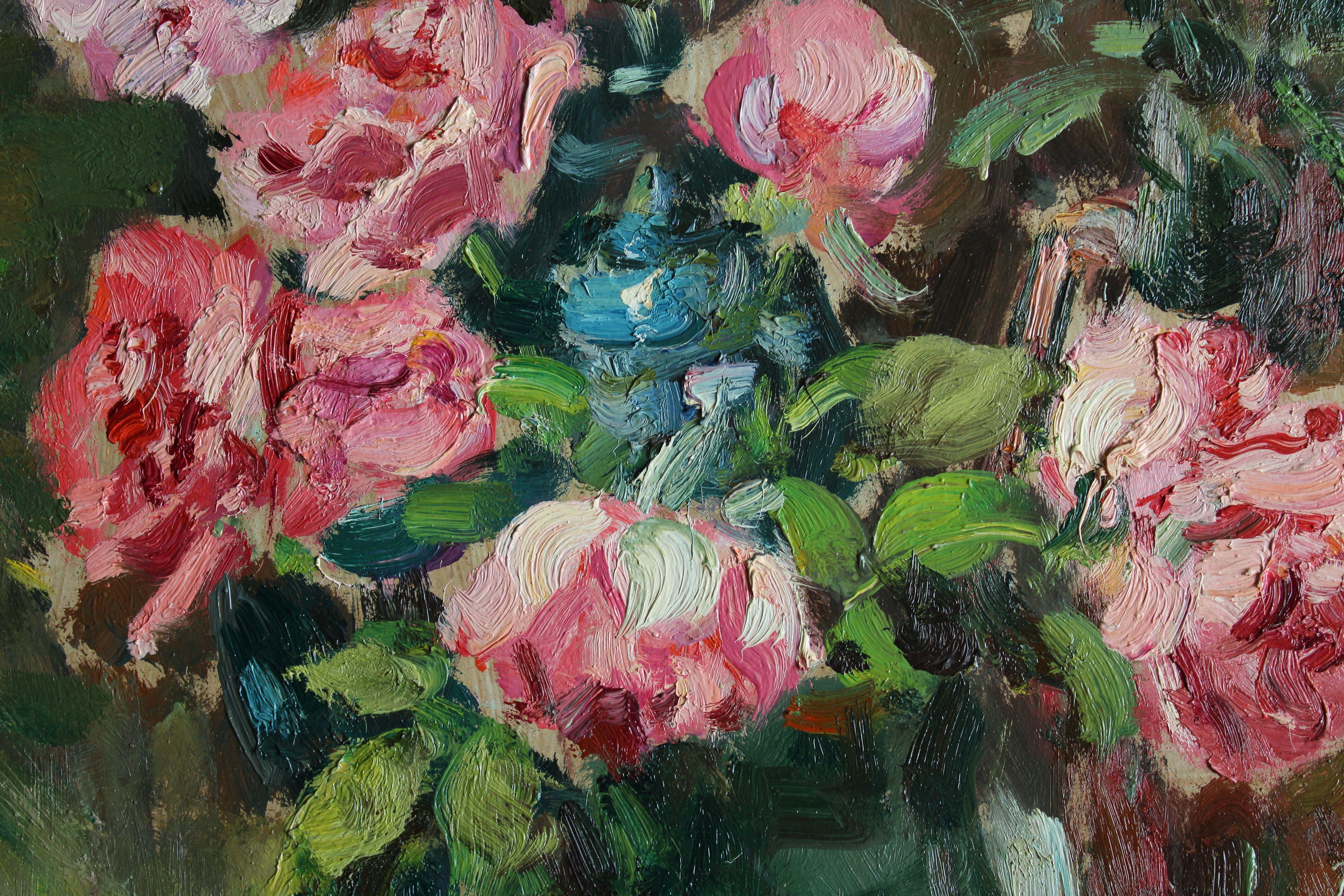 Carnations and roses. 1990, cardboard, oil, 92x67 cm For Sale 5