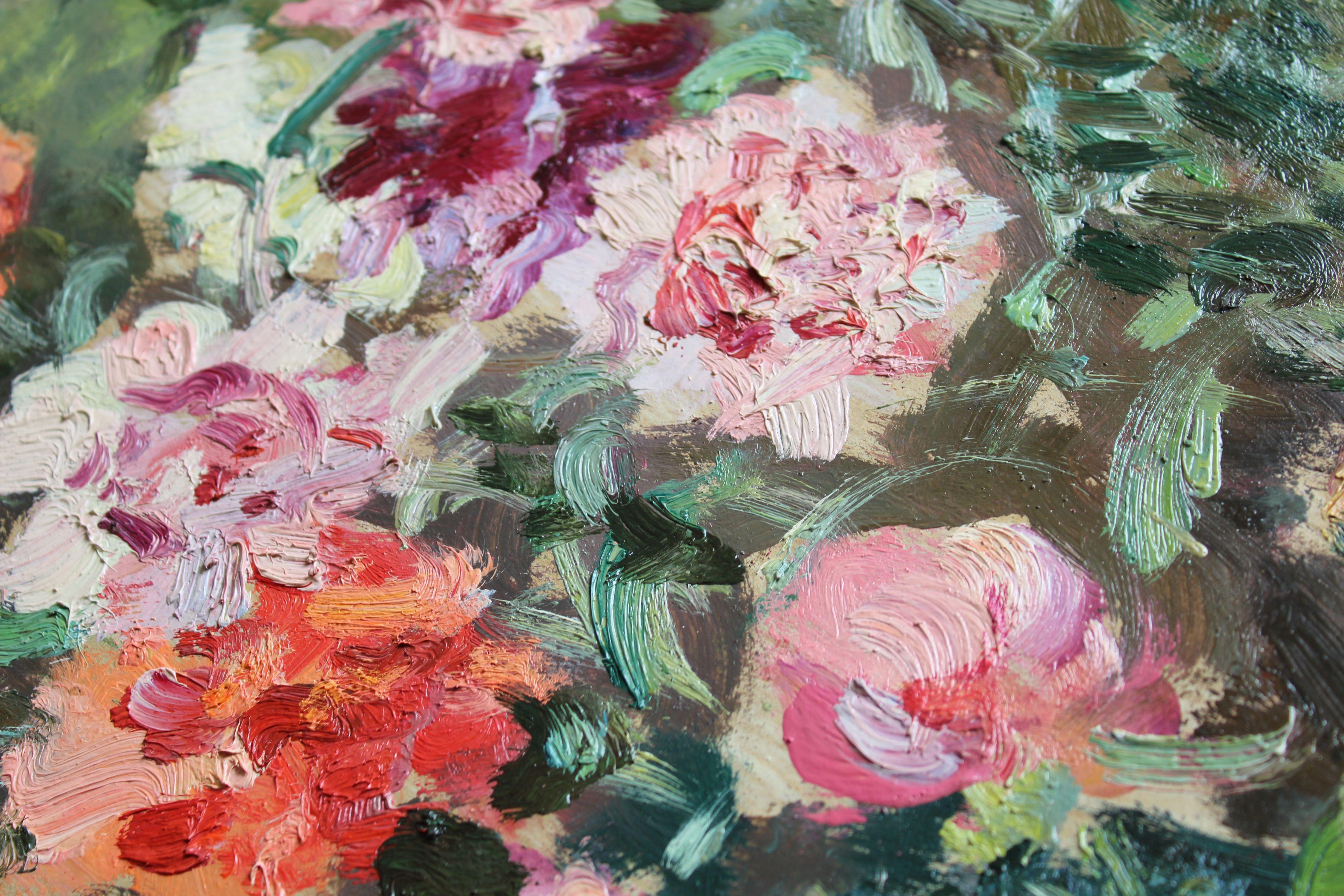 Carnations and roses. 1990, cardboard, oil, 92x67 cm
