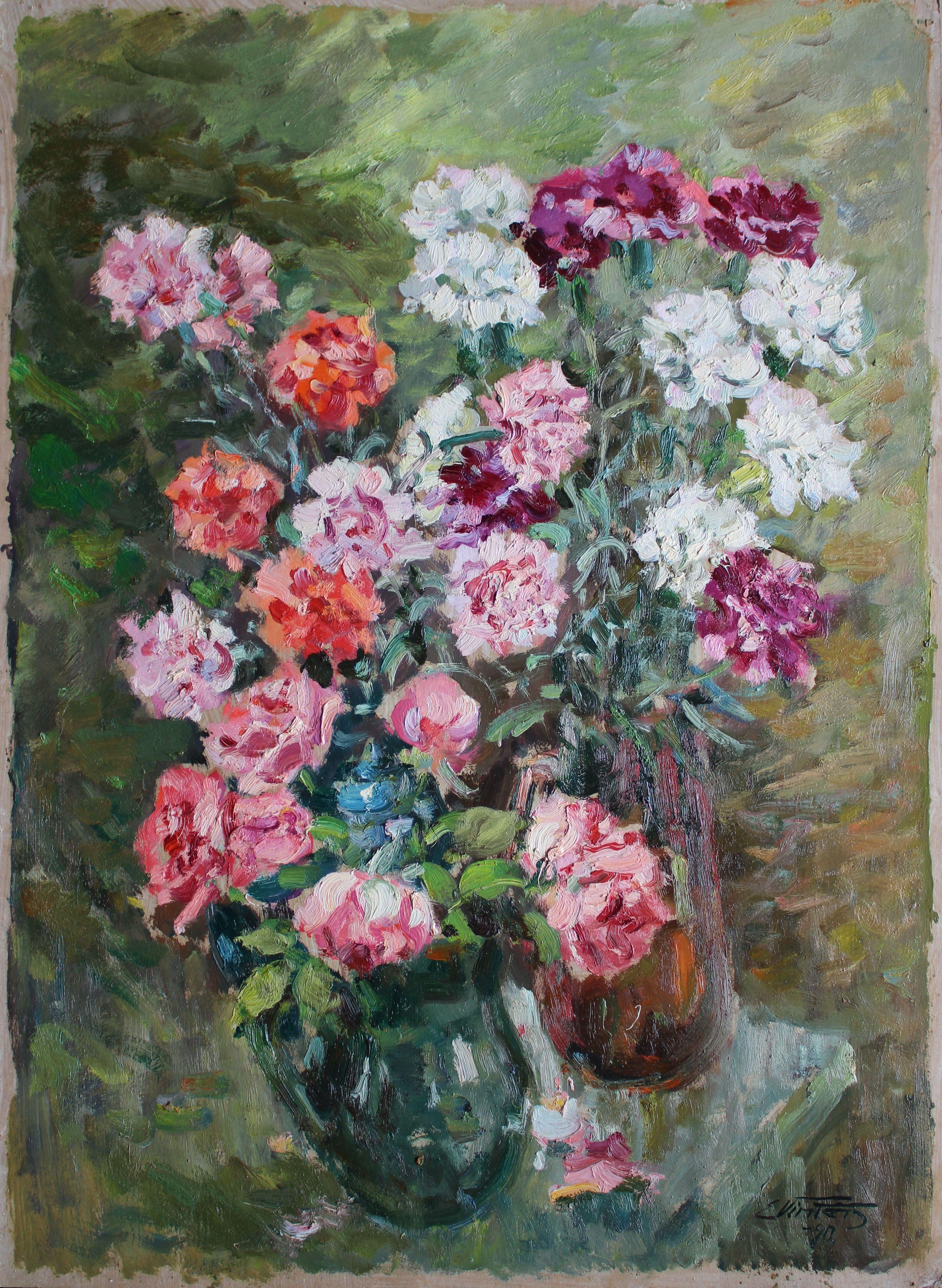 Carnations and roses. 1990, cardboard, oil, 92x67 cm For Sale 3