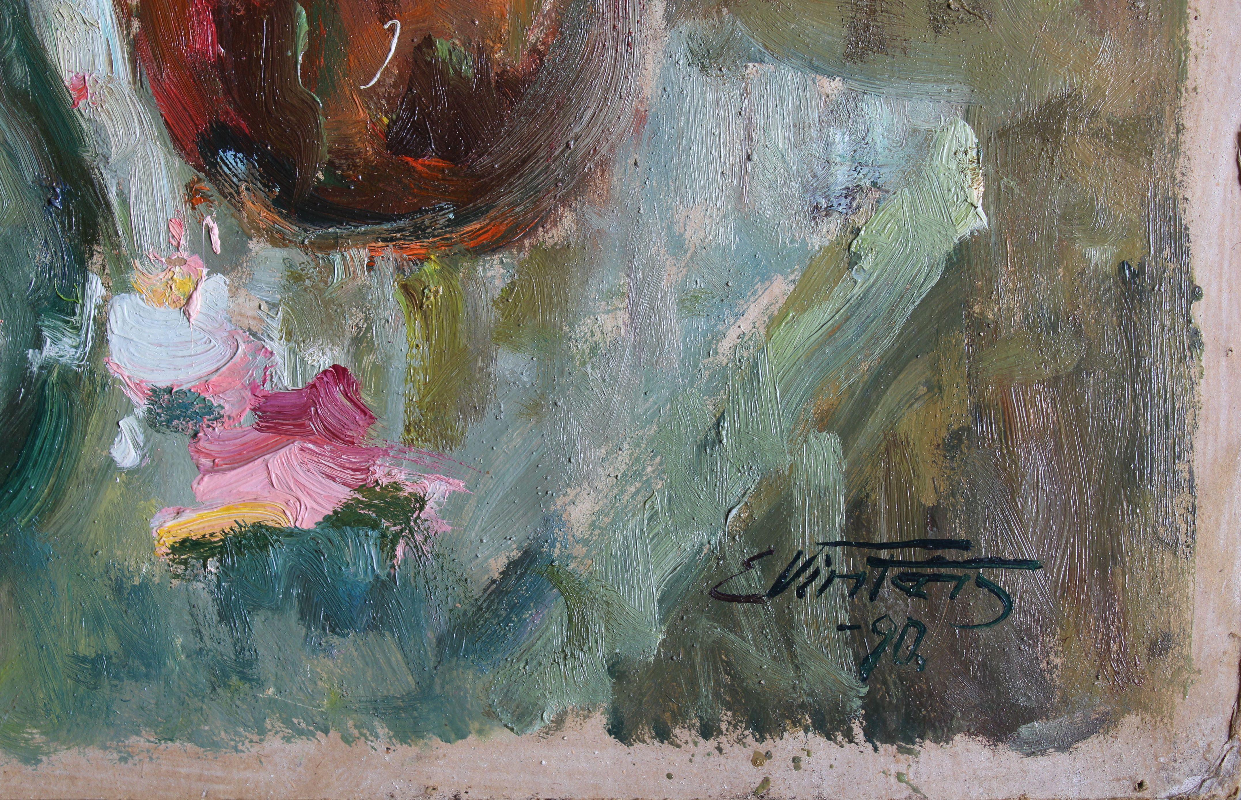 Carnations and roses. 1990, cardboard, oil, 92x67 cm For Sale 4