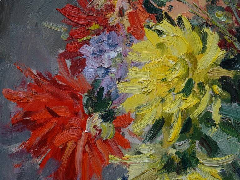 Dahlias. 1985. Oil on canvas, 48x67 cm - Painting by Edgars Vinters