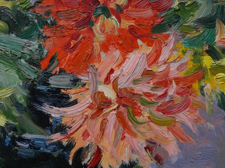 Dahlias. 1985. Oil on canvas, 48x67 cm - Impressionist Painting by Edgars Vinters