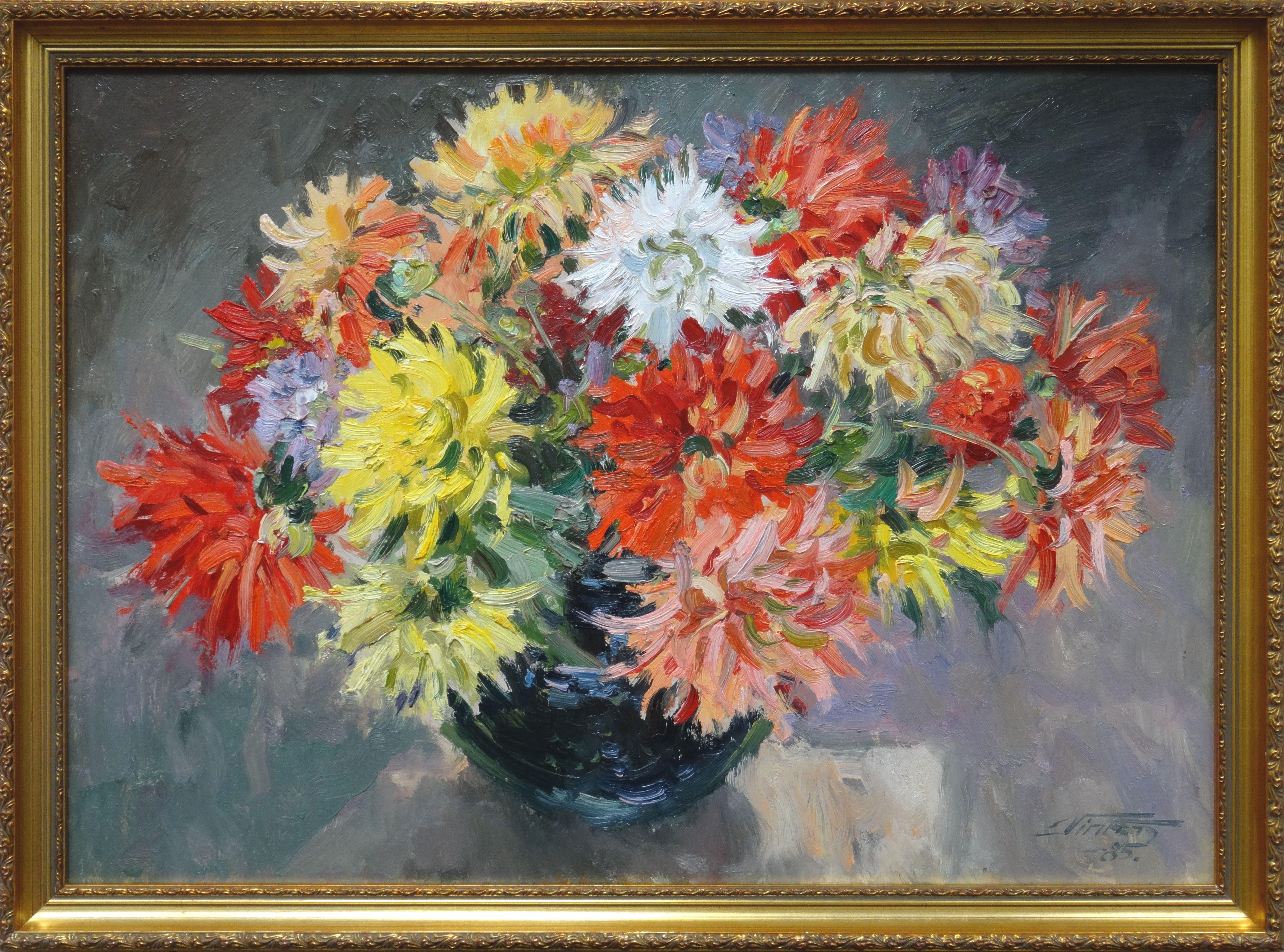 Dahlias. 1985. Oil on canvas, 48x67 cm - Gray Landscape Painting by Edgars Vinters