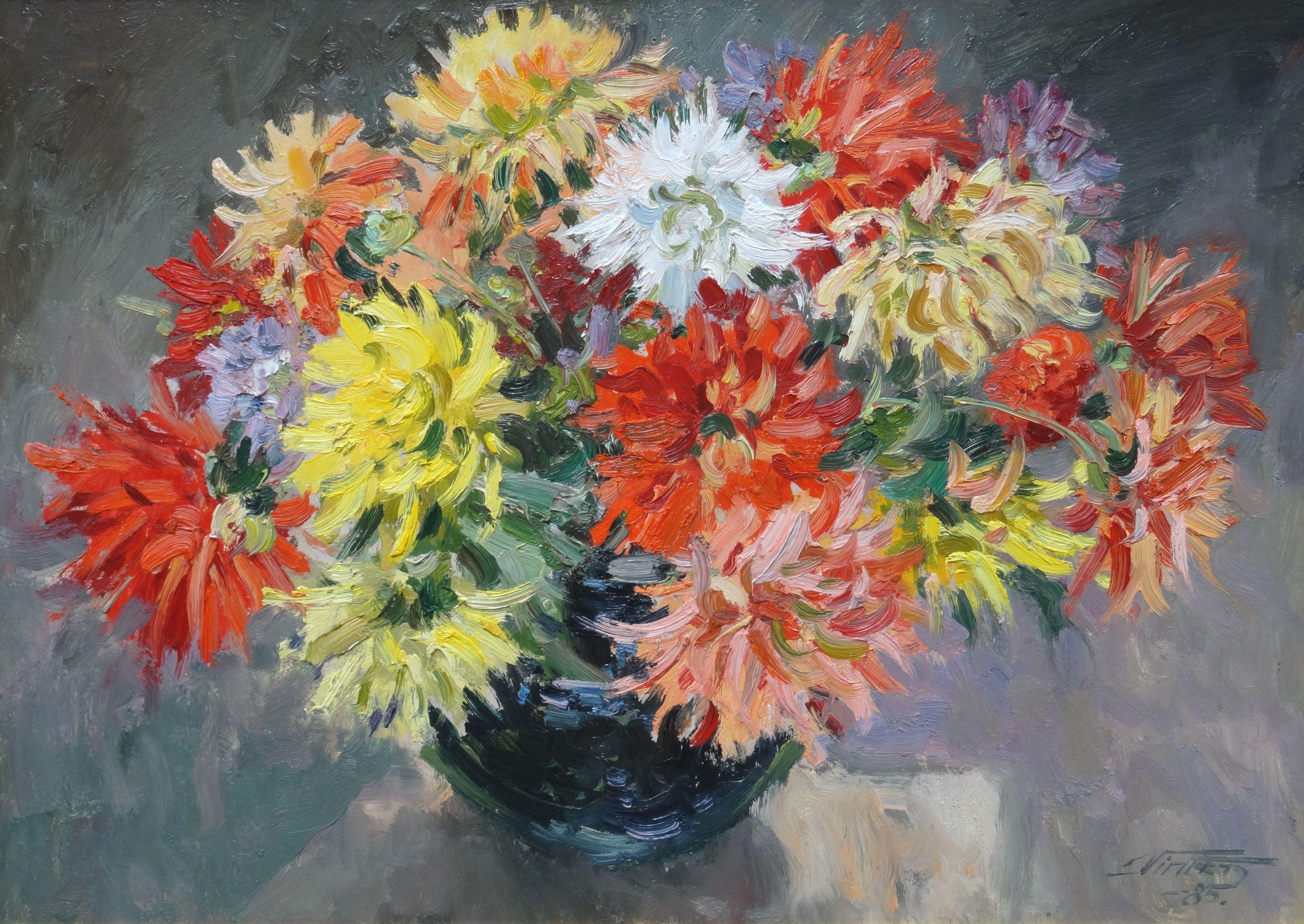 Edgars Vinters Landscape Painting - Dahlias. 1985. Oil on canvas, 48x67 cm