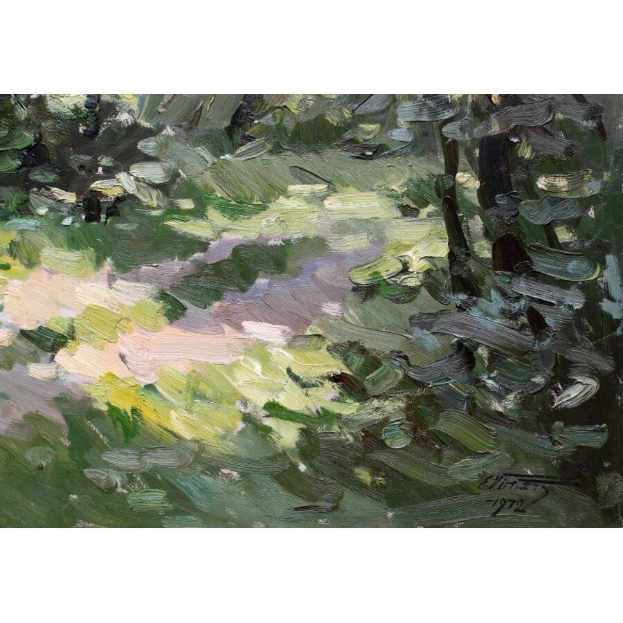 Daugava vicino a Lielvarde. 1972, olio su cartone, 68x93 cm - Landscape Painting Grigio di Edgars Vinters