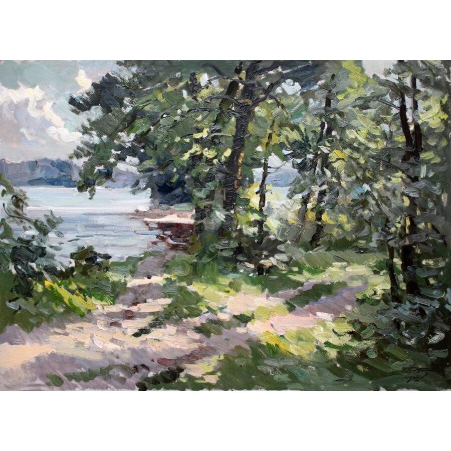 Landscape Painting di Edgars Vinters - Daugava vicino a Lielvarde. 1972, olio su cartone, 68x93 cm