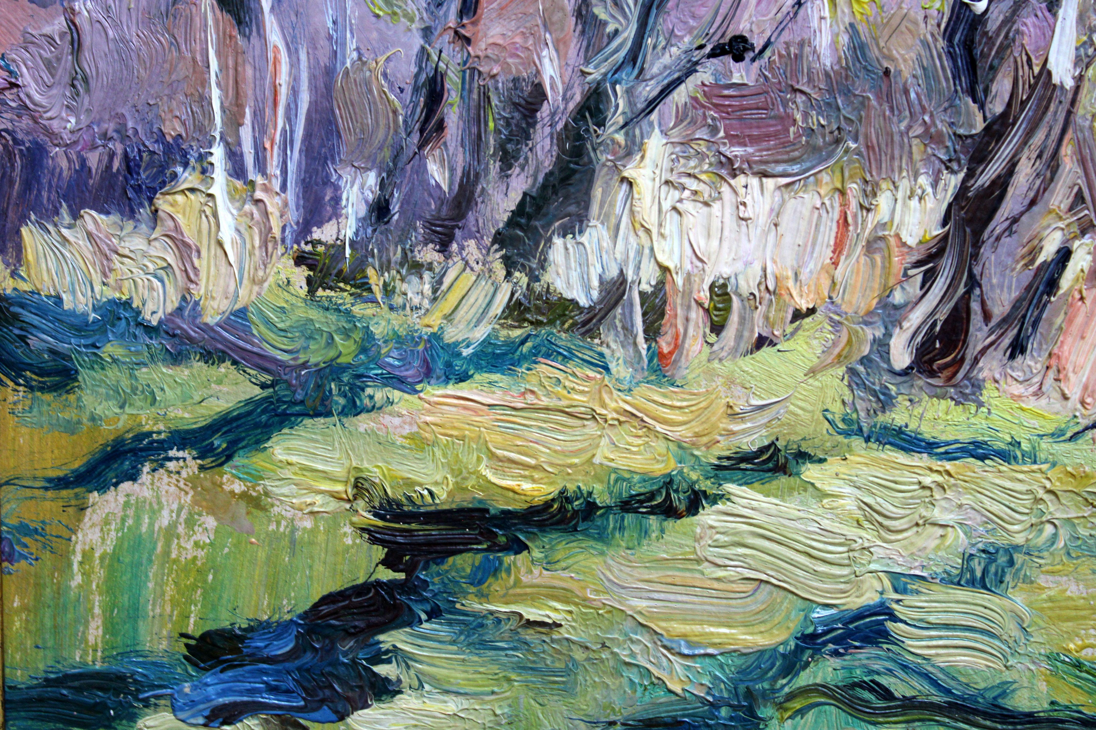 Estado de ánimo de principios de otoño. 1990. Cartón, óleo, 24x32 cm

Este cuadro representa un paisaje de principios de otoño con pinceladas vivas y texturadas que captan la transición entre el verano y el otoño. Los árboles del primer plano están