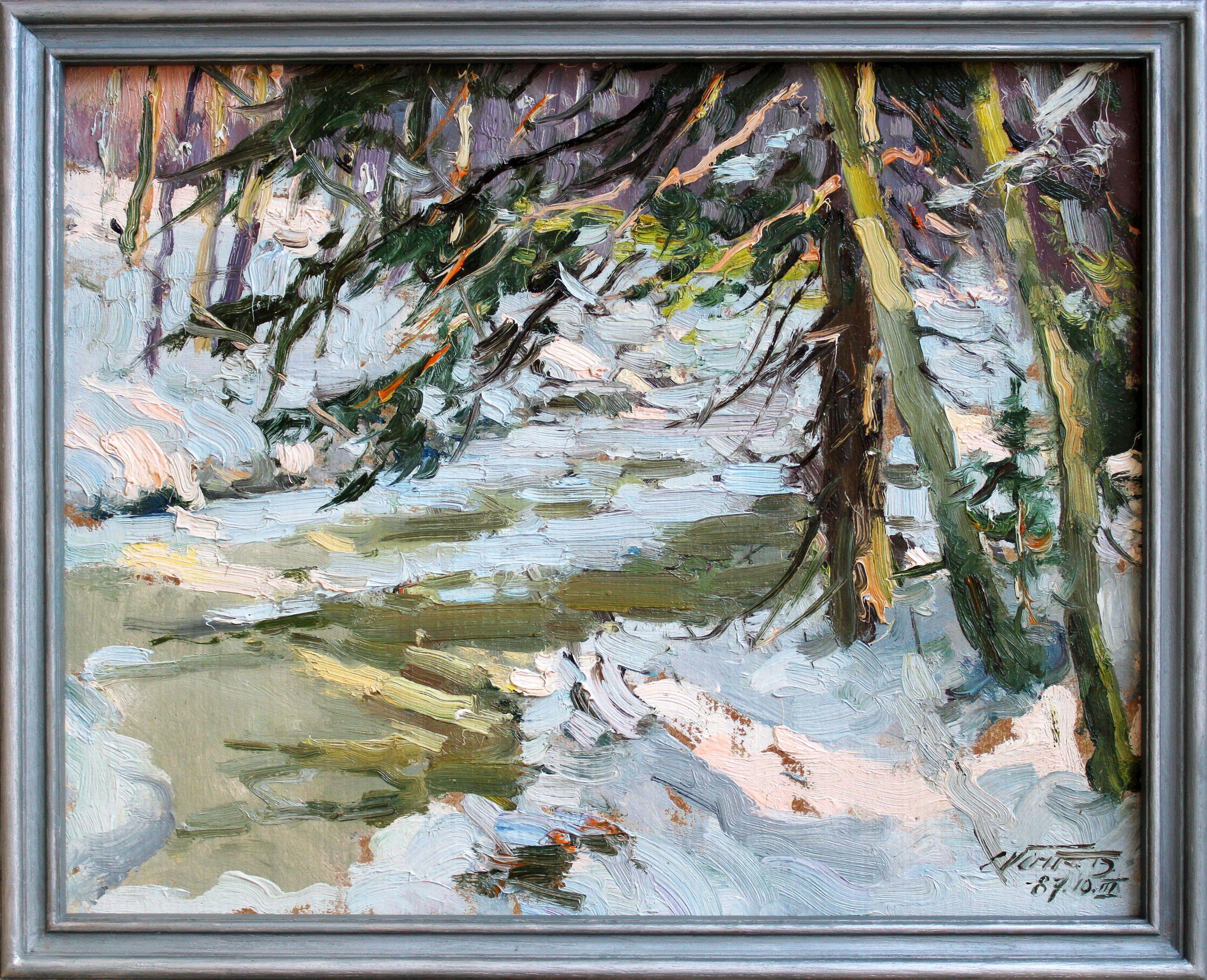 Sole di inizio primavera. 1987. olio su cartone, 40x50 cm - Painting Espressionista di Edgars Vinters