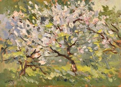 Vintage Apple tree garden in bloom, Cardboard/oil. 23x32 cm