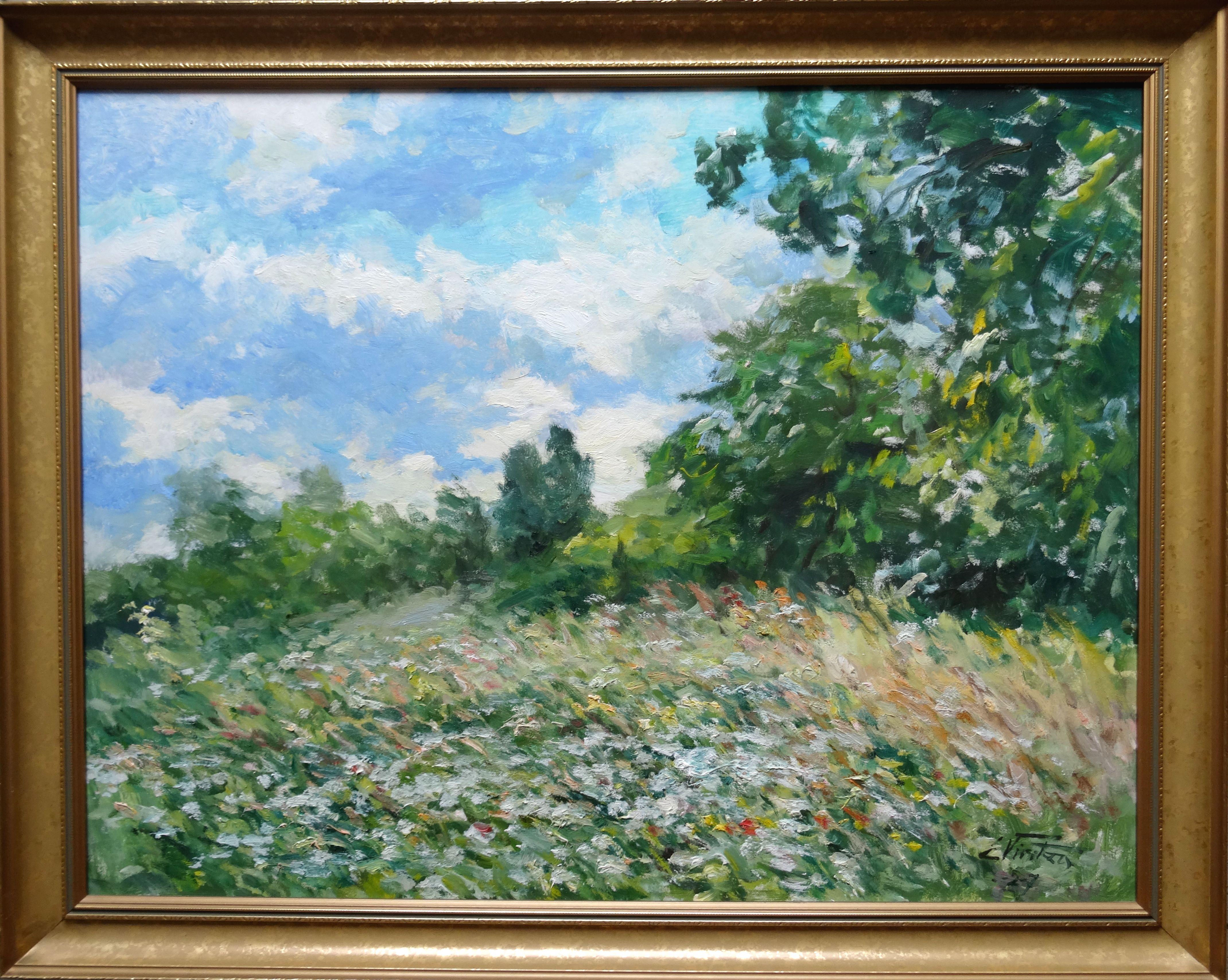 Flowering forest edge. 2007, cardboard, oil, 67x86 cm - Painting by Edgars Vinters