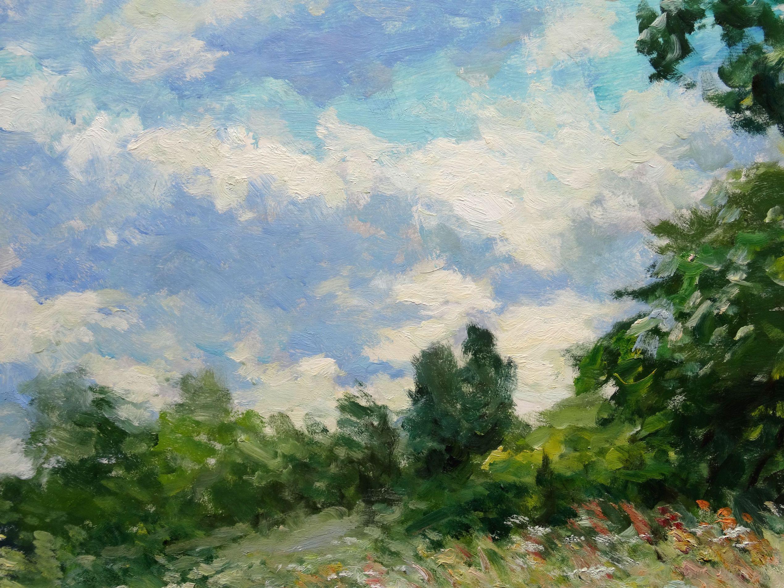 Flowering forest edge. 2007, cardboard, oil, 67x86 cm - Impressionist Painting by Edgars Vinters