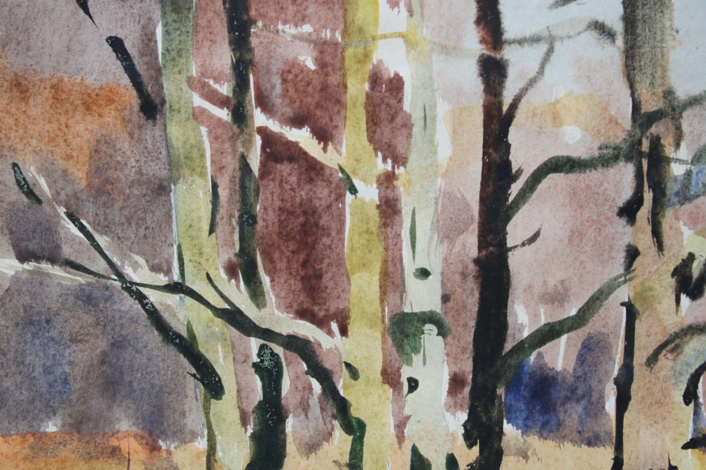Forest landscape with river  Paper, watercolor. 41x58 cm - Impressionist Art by Edgars Vinters