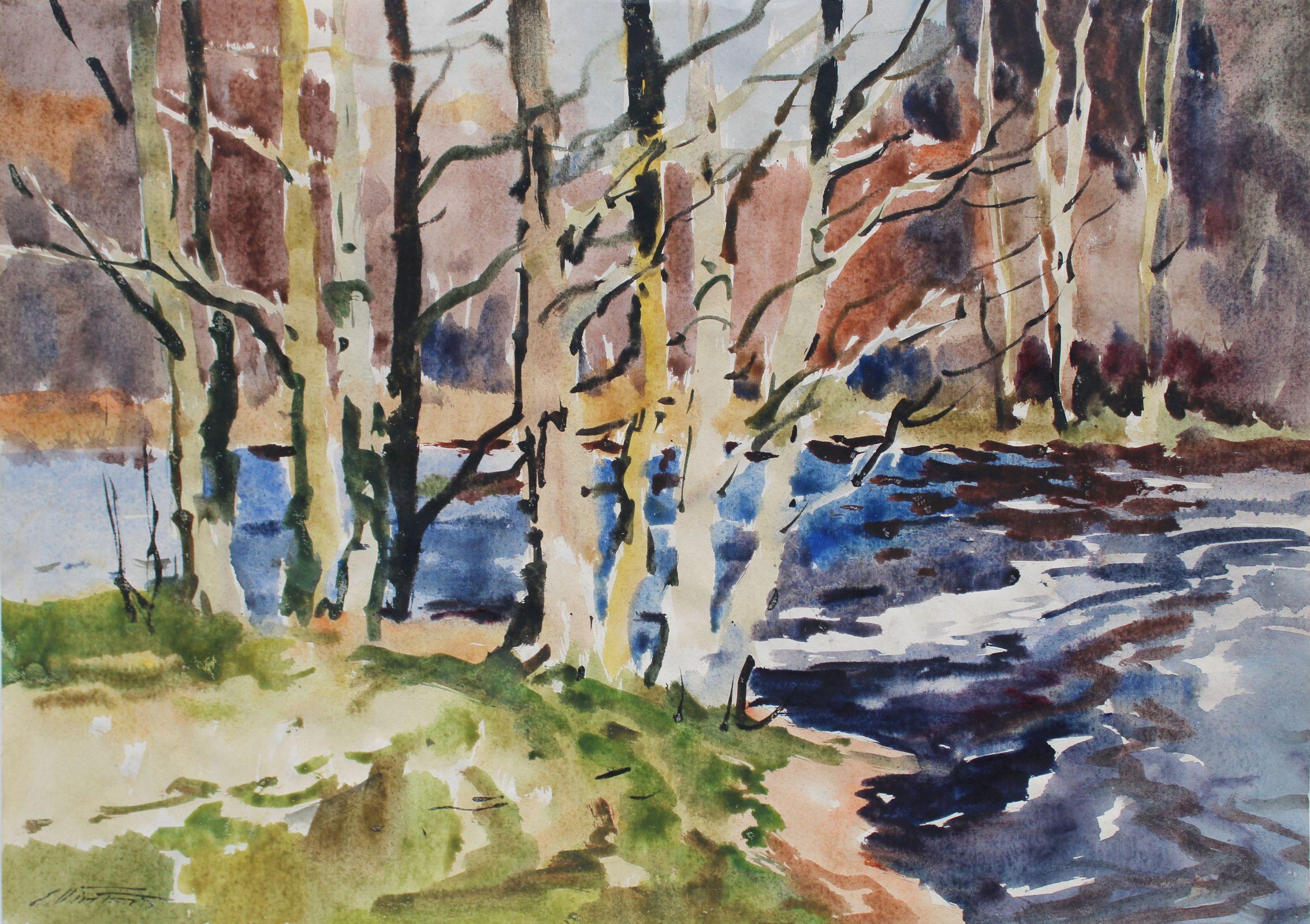 Forest landscape with river  Paper, watercolor. 41x58 cm