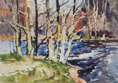 Vintage Forest landscape with river  Paper, watercolor. 41x58 cm