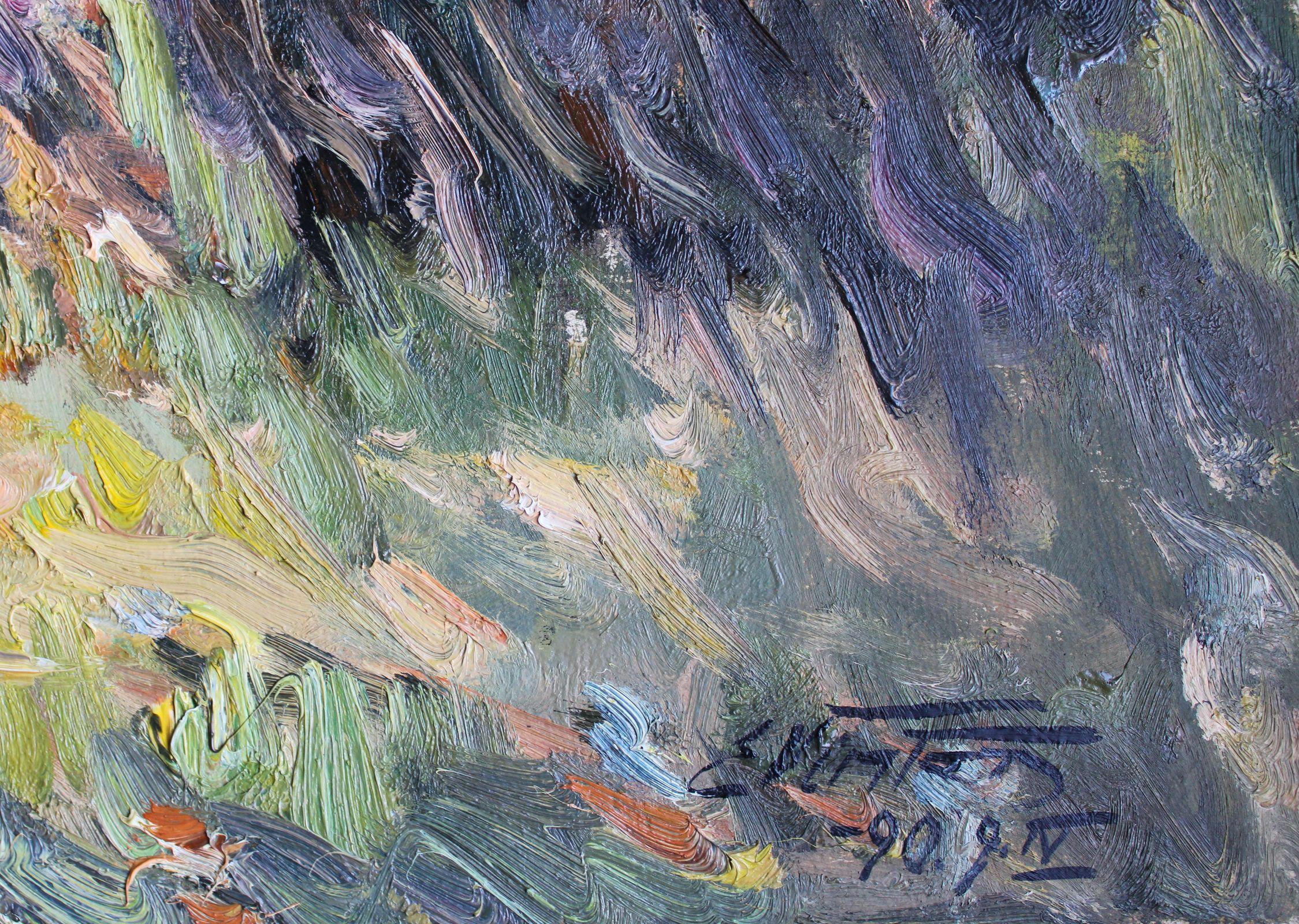 Forest river. 1990. Cardboard, oil. 67, 5x93 cm - Painting by Edgars Vinters