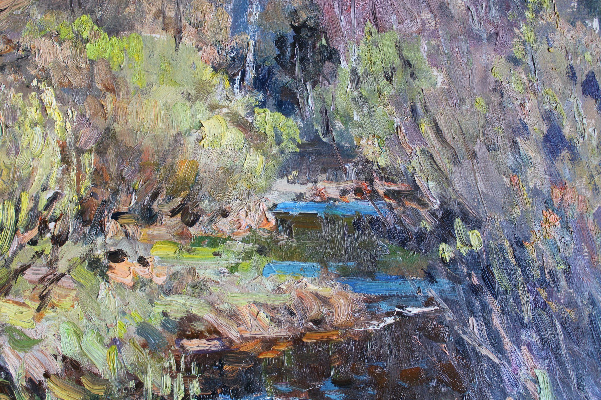 Forest river. 1990. Cardboard, oil. 67, 5x93 cm - Impressionist Painting by Edgars Vinters