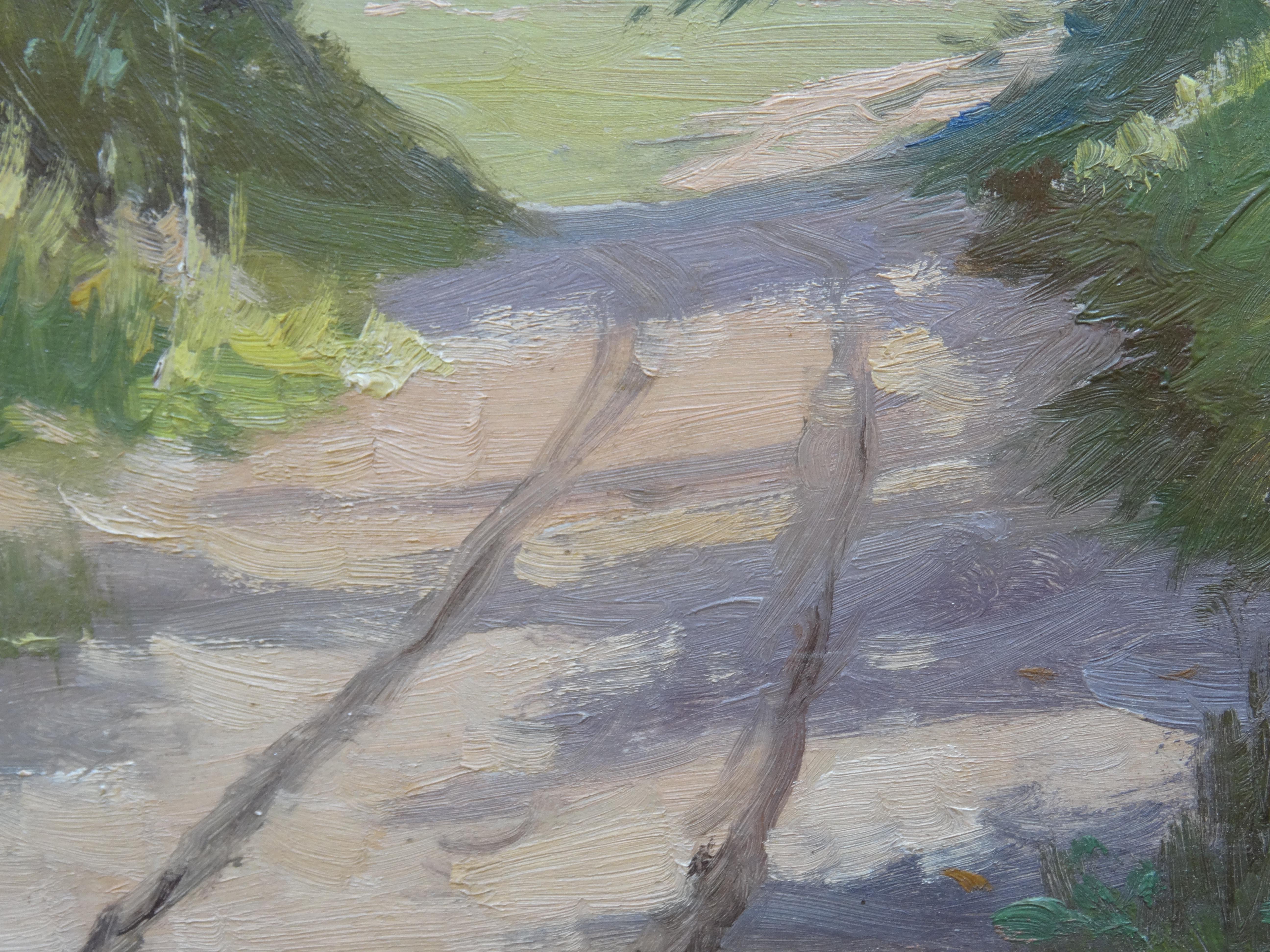 Forest Road. 1956, cardboard, oil, 32.5x44 cm - Painting by Edgars Vinters