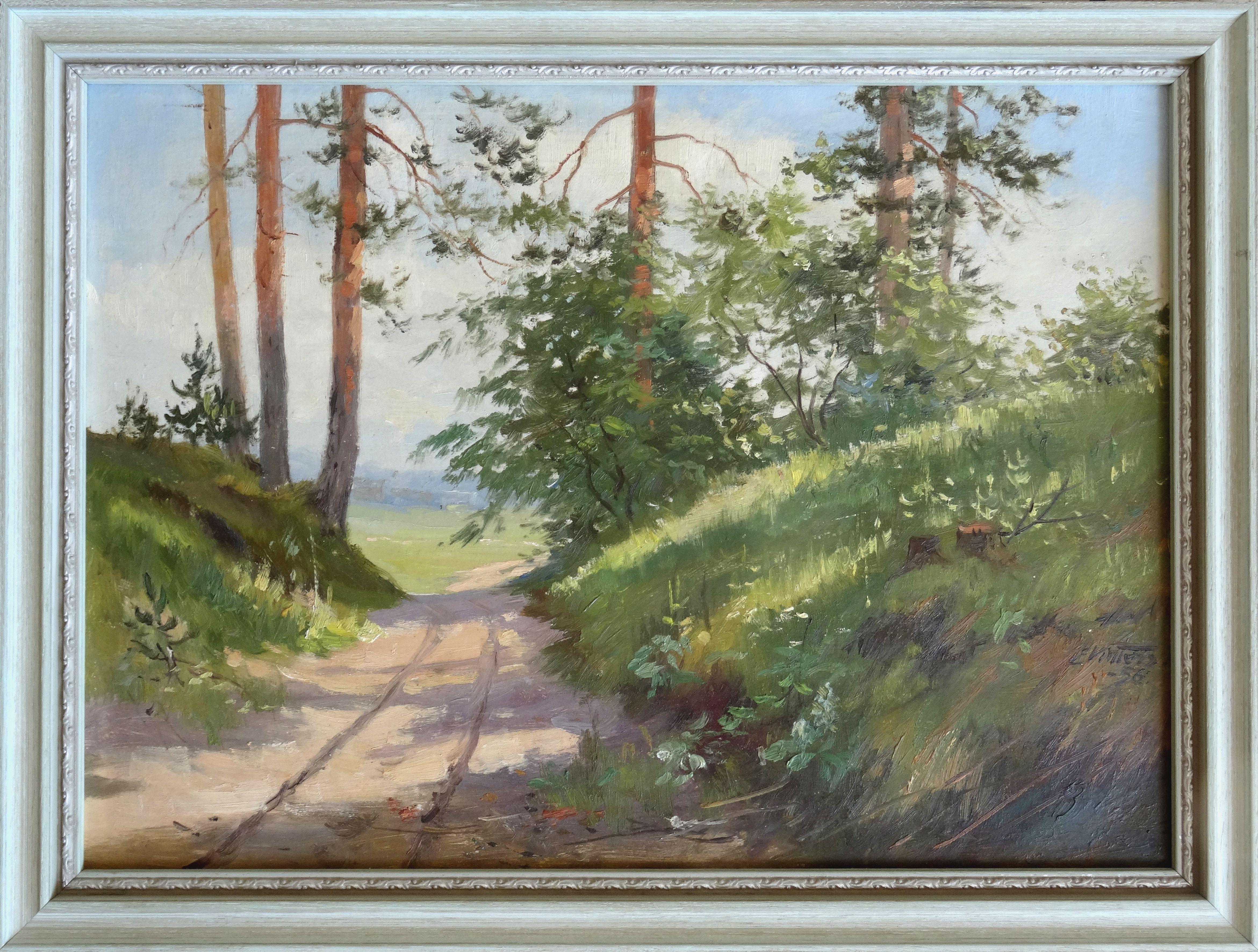 Forest Road. 1956, cardboard, oil, 32.5x44 cm - Impressionist Painting by Edgars Vinters