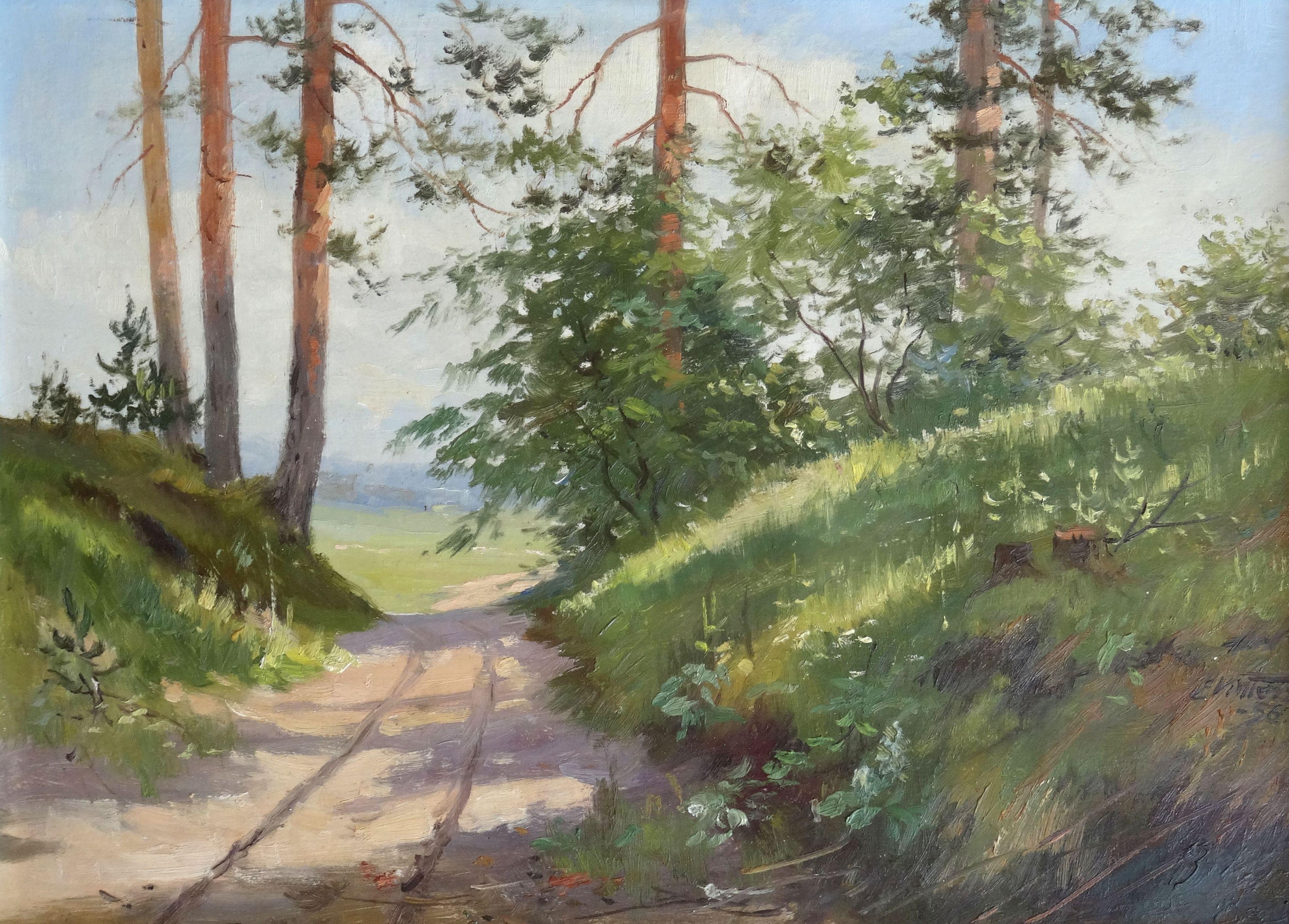 Edgars Vinters Landscape Painting - Forest Road. 1956, cardboard, oil, 32.5x44 cm