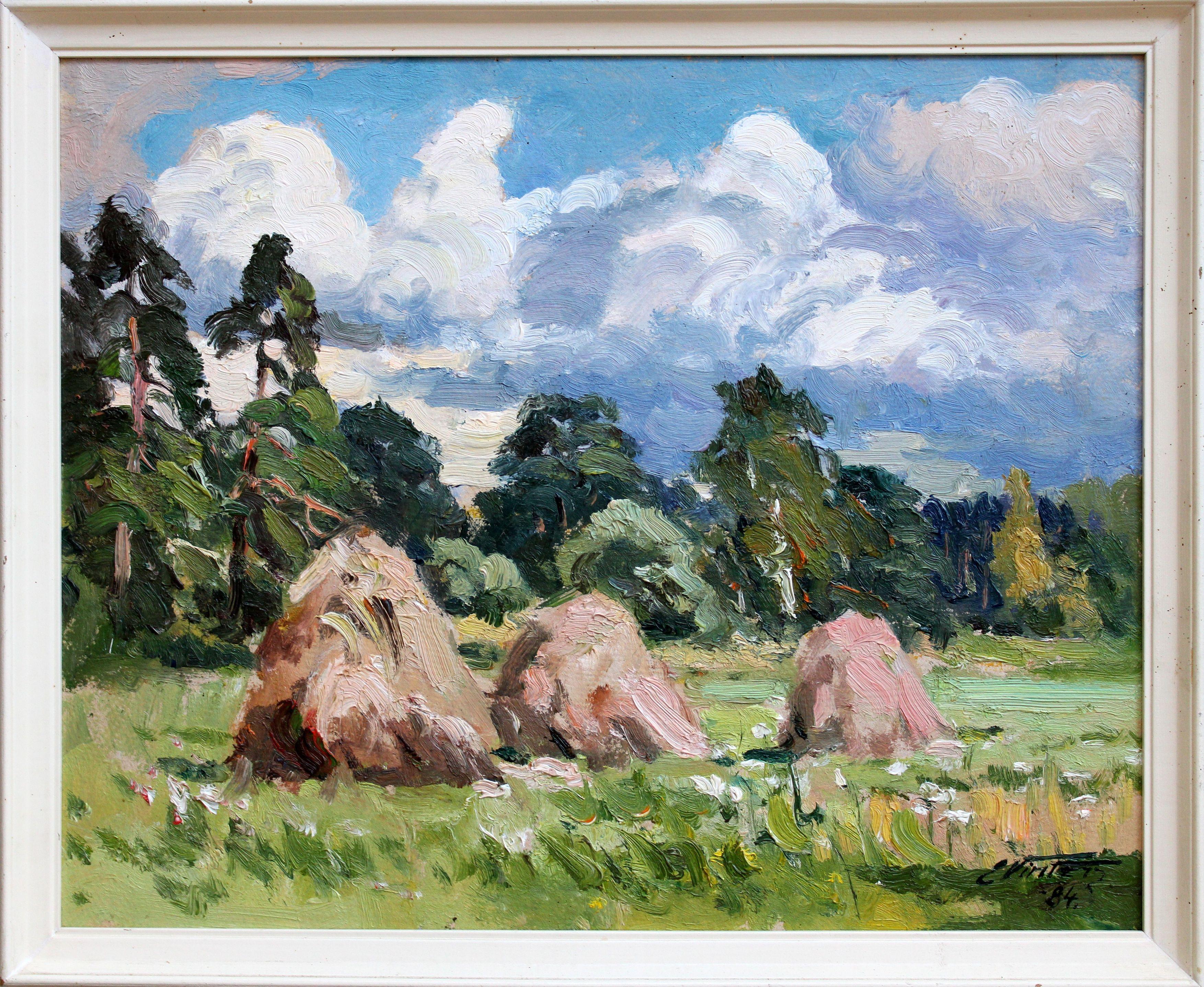 Heuhaufen. 1984, Karton, Öl, 40x49,5 cm – Painting von Edgars Vinters