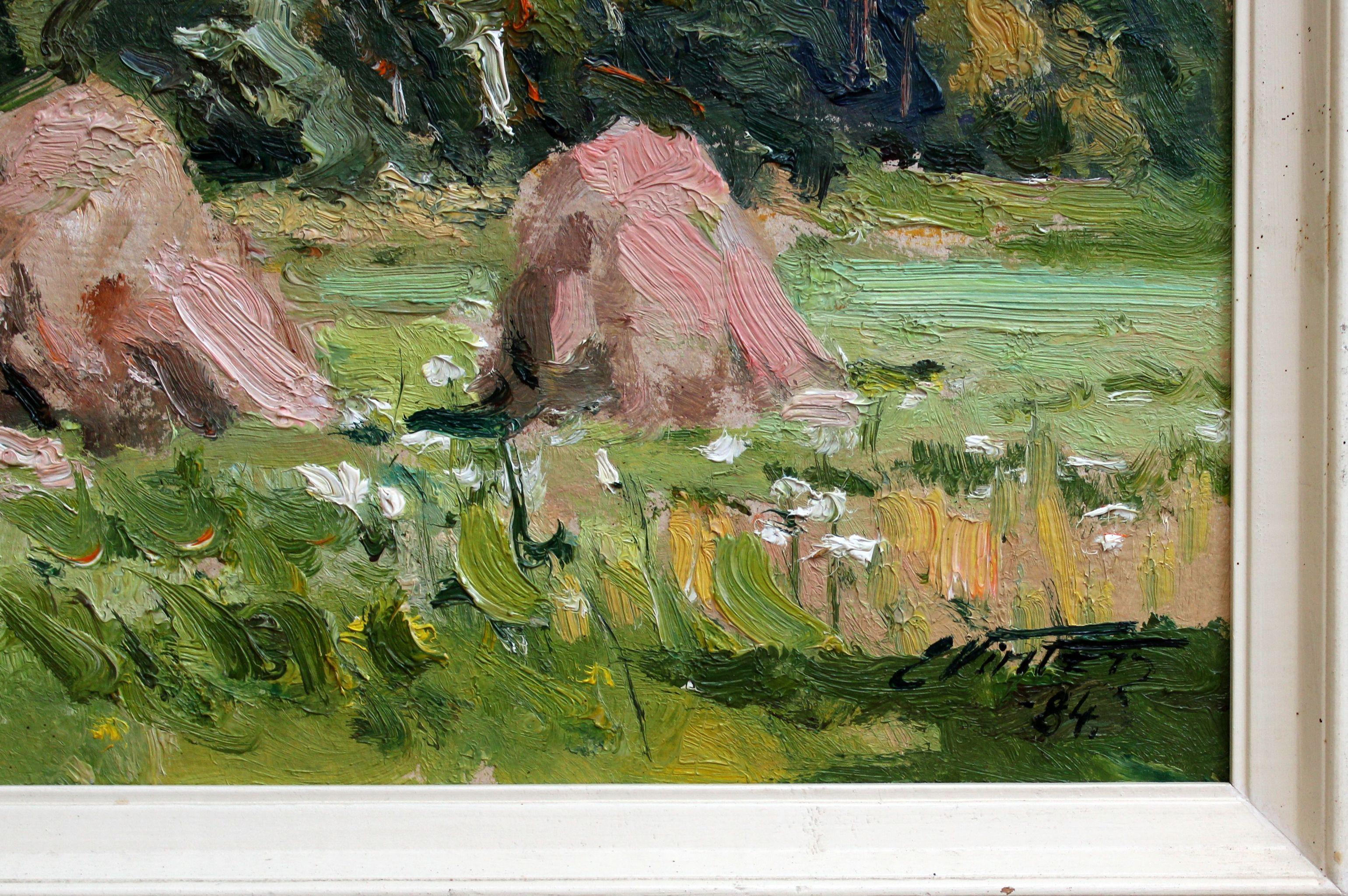 Haystacks. 1984, cardboard, oil, 40x49.5 cm - Painting by Edgars Vinters