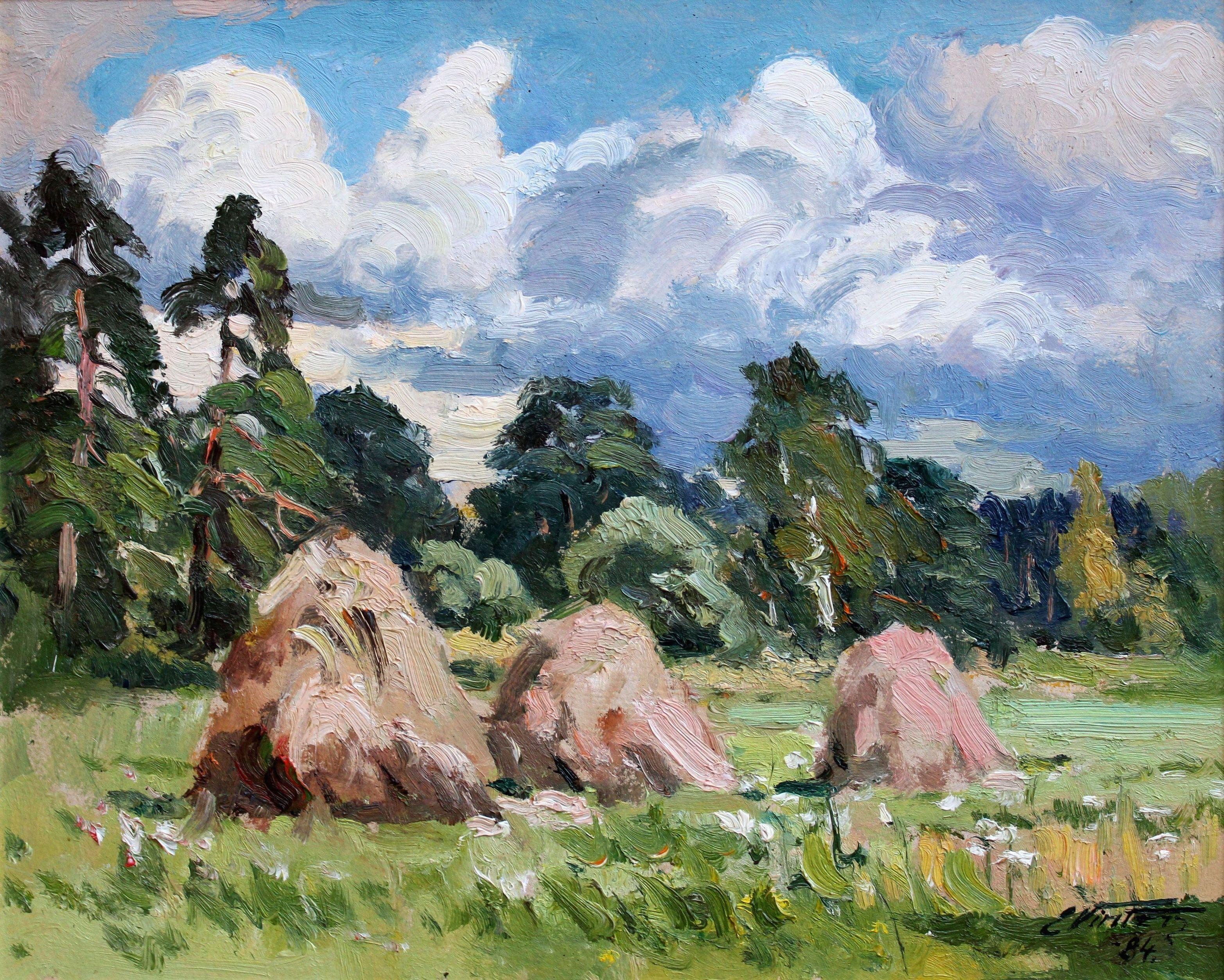 Edgars Vinters Landscape Painting - Haystacks. 1984, cardboard, oil, 40x49.5 cm
