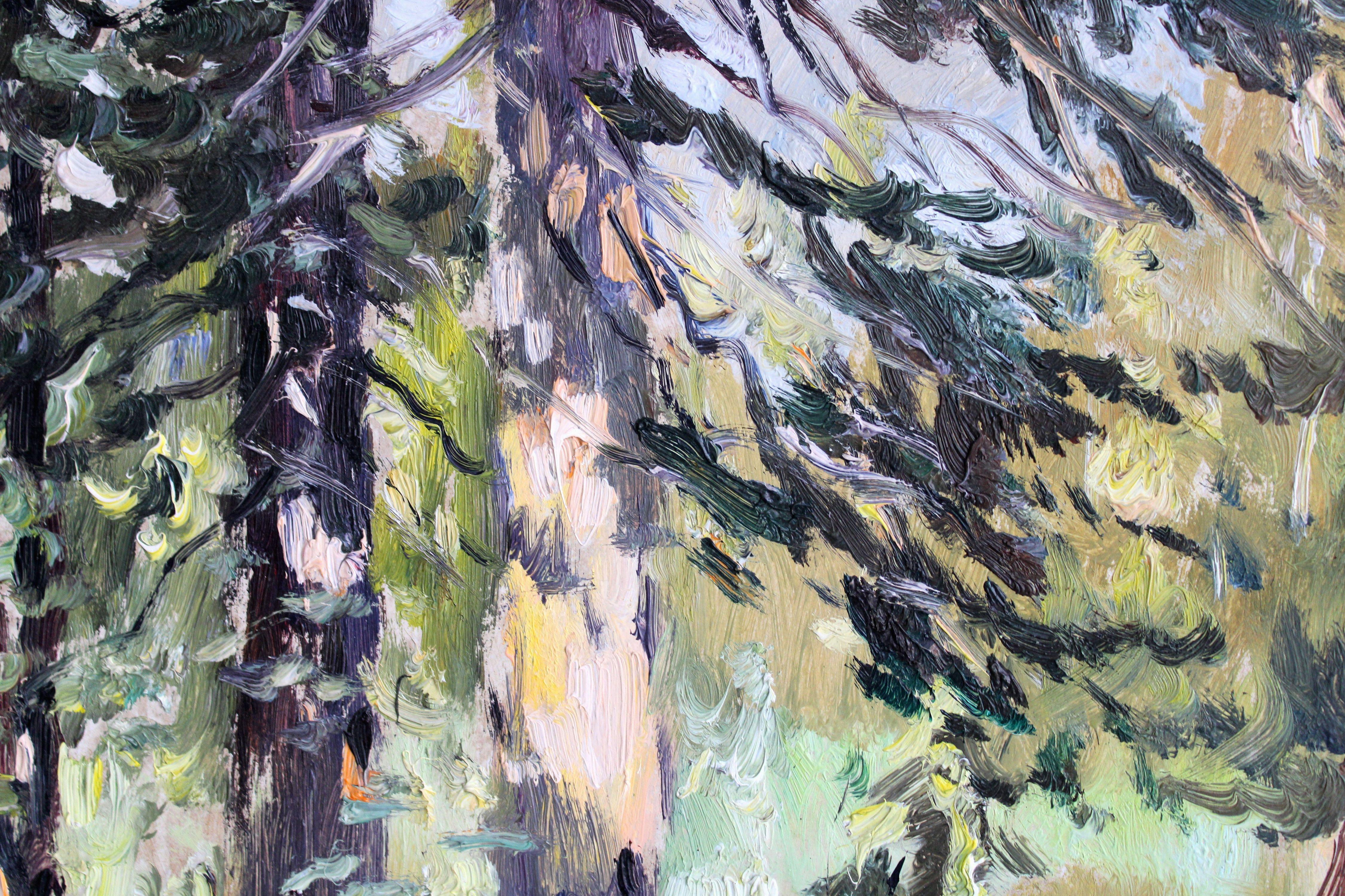 In a sunny forest. Cardboard, oil, 46x66 cm - Impressionist Painting by Edgars Vinters
