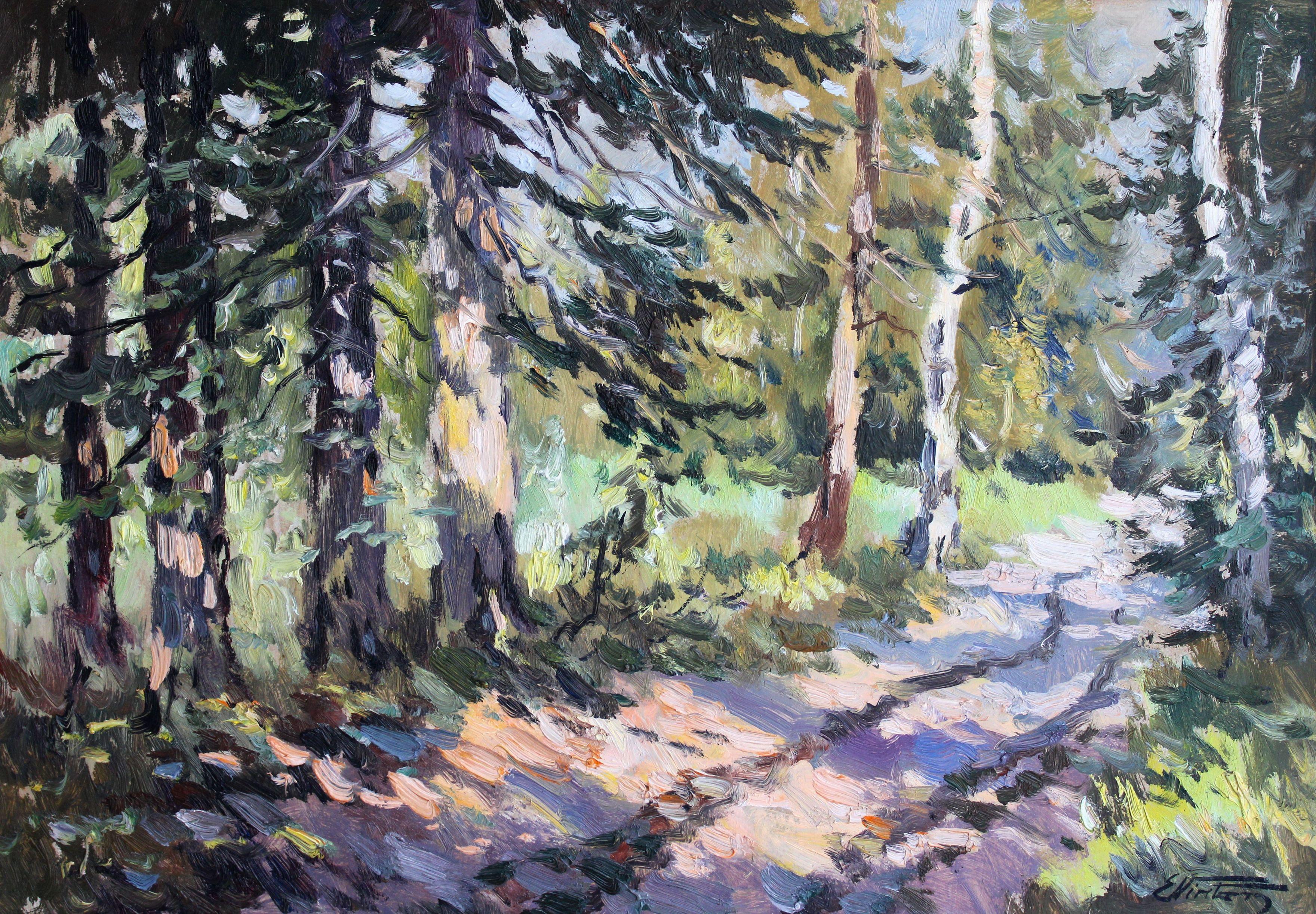 In a sunny forest. Cardboard, oil, 46x66 cm - Painting by Edgars Vinters