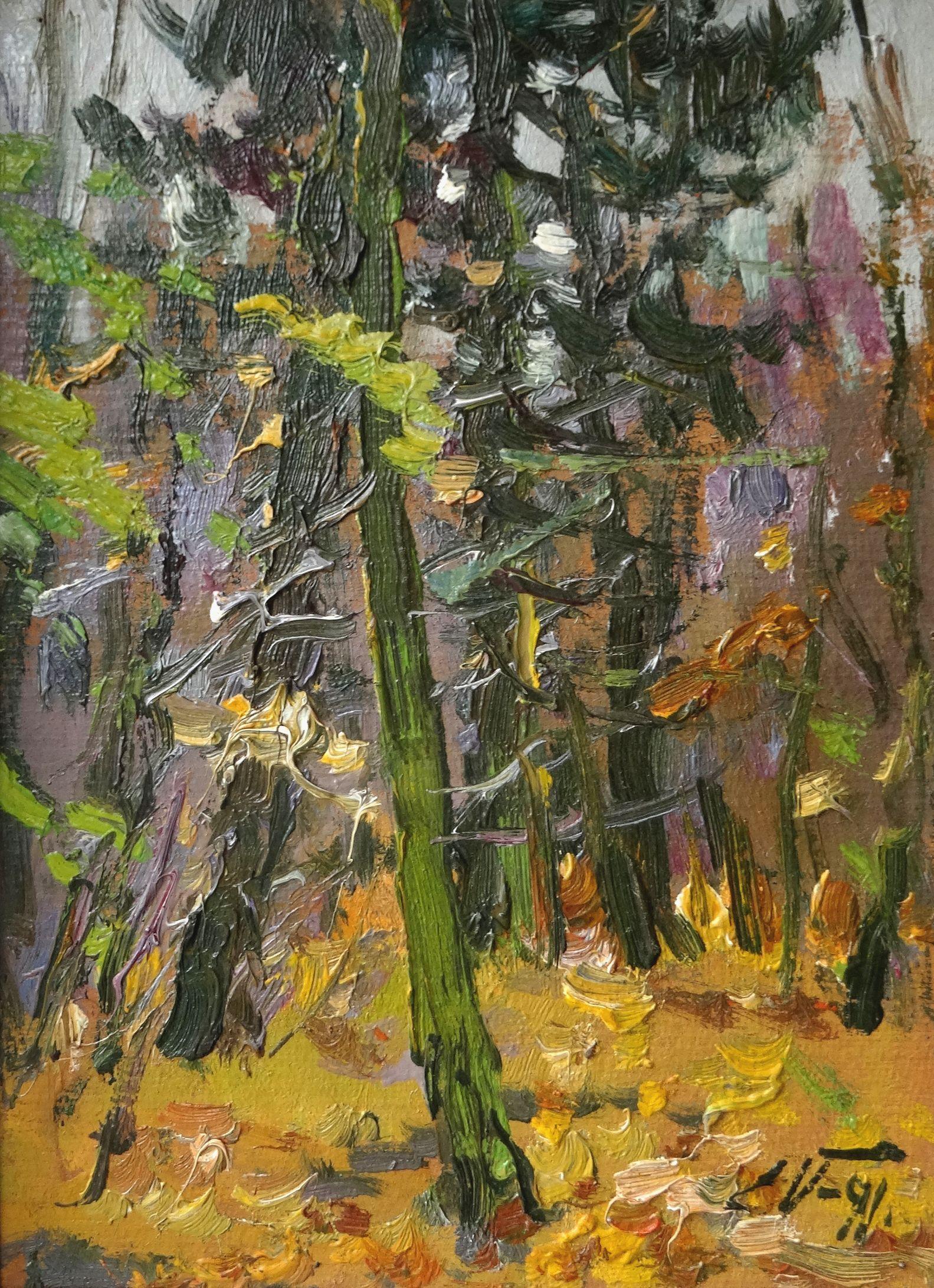 Edgars Vinters Landscape Art - In the forest. 1991. Oil on cardboard, 32x22 cm