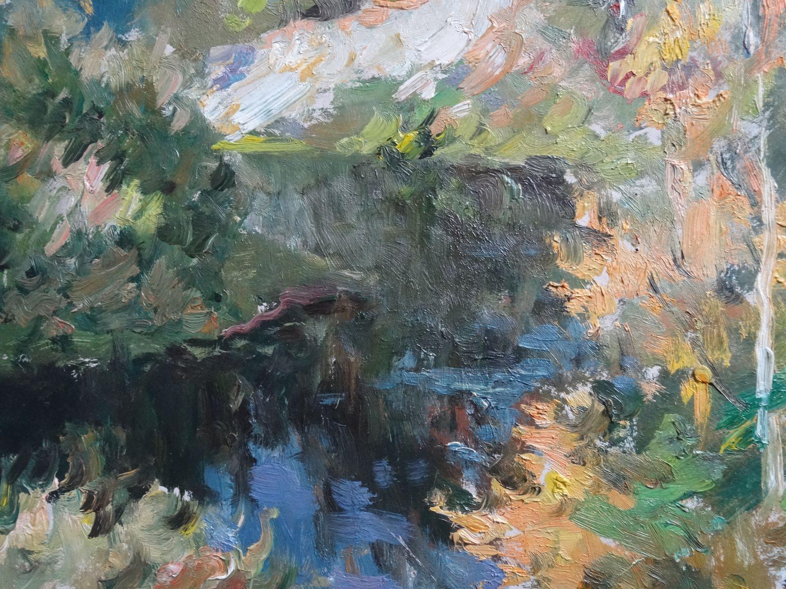 Landscape with the river. 1992, cardboard, oil, 49x68 cm - Painting by Edgars Vinters