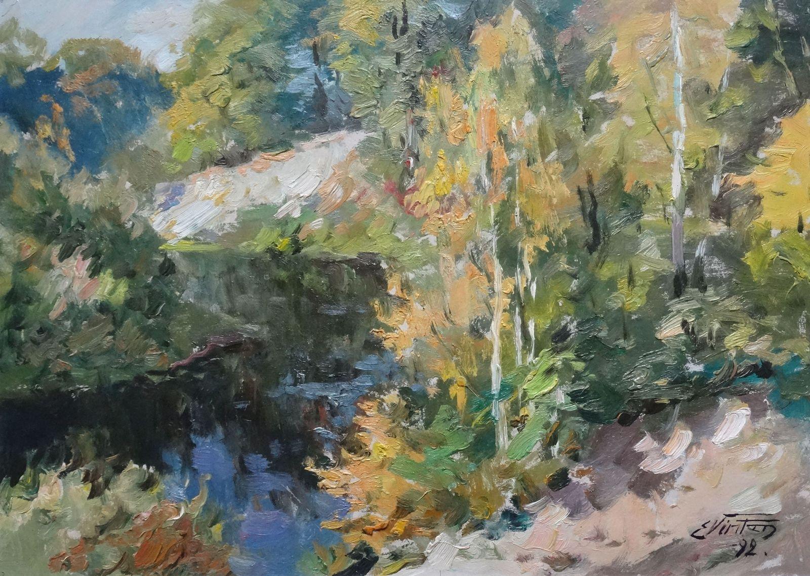 Edgars Vinters Landscape Painting - Landscape with the river. 1992, cardboard, oil, 49x68 cm