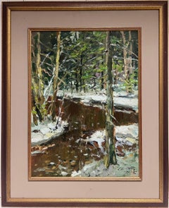 Large Latvian Impressionist Signed Oil Painting Snow on Winter Woodland Path