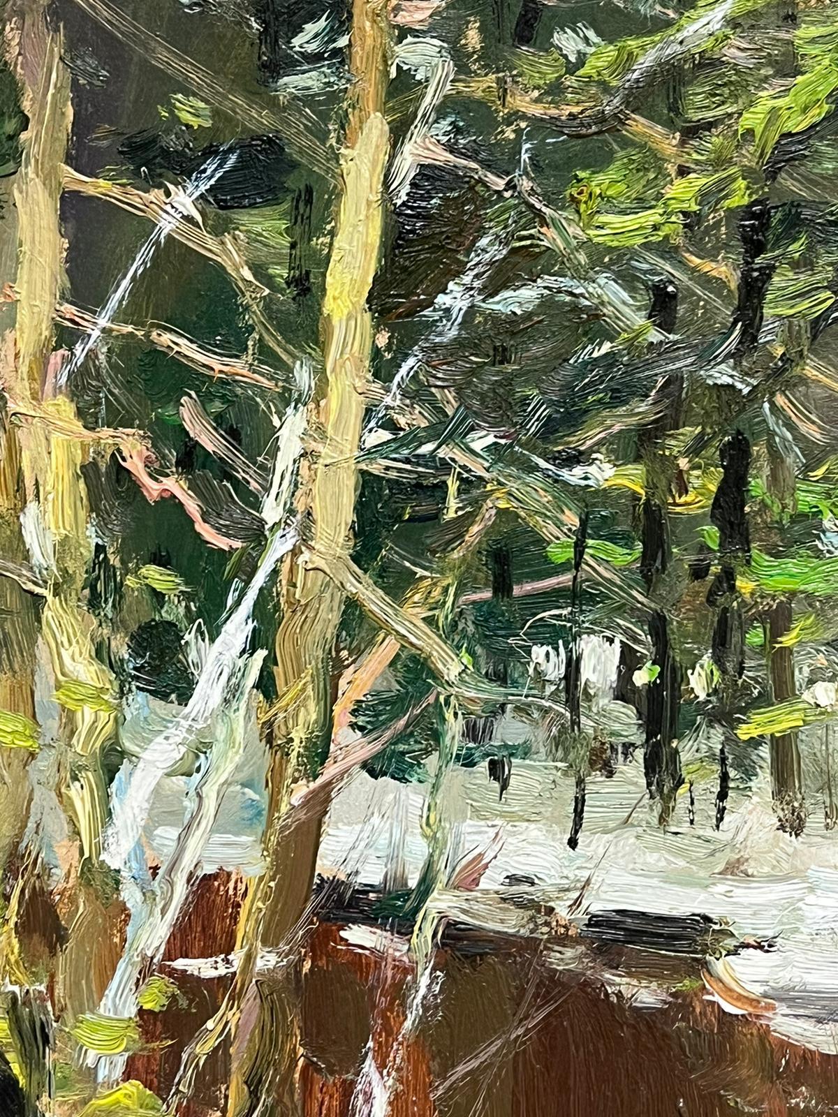 Large Latvian Impressionist Signed Oil Painting Snow on Winter Woodland Path For Sale 1