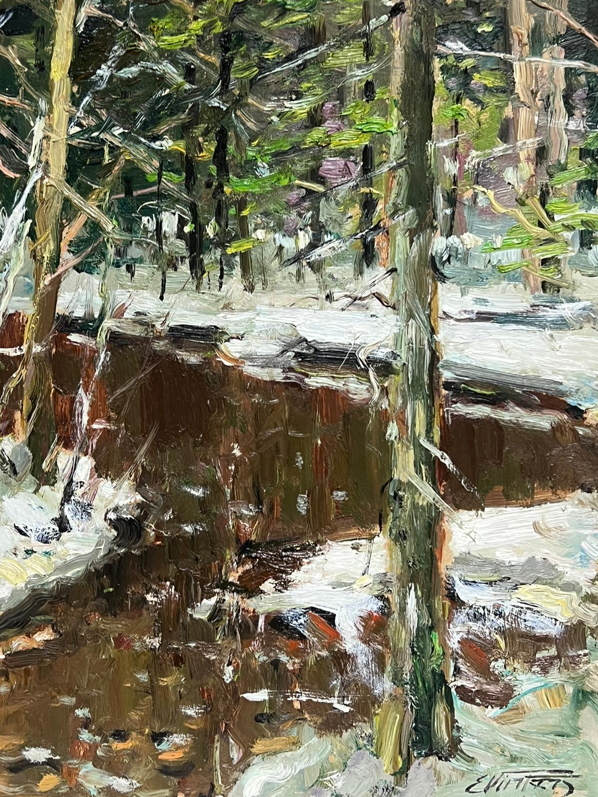 Large Latvian Impressionist Signed Oil Painting Snow on Winter Woodland Path For Sale 2