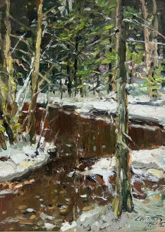 Used Large Latvian Impressionist Signed Oil Painting Snow on Winter Woodland Path