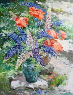 Lupins with poppies. 2005. Cardboard, oil, 88x68 cm