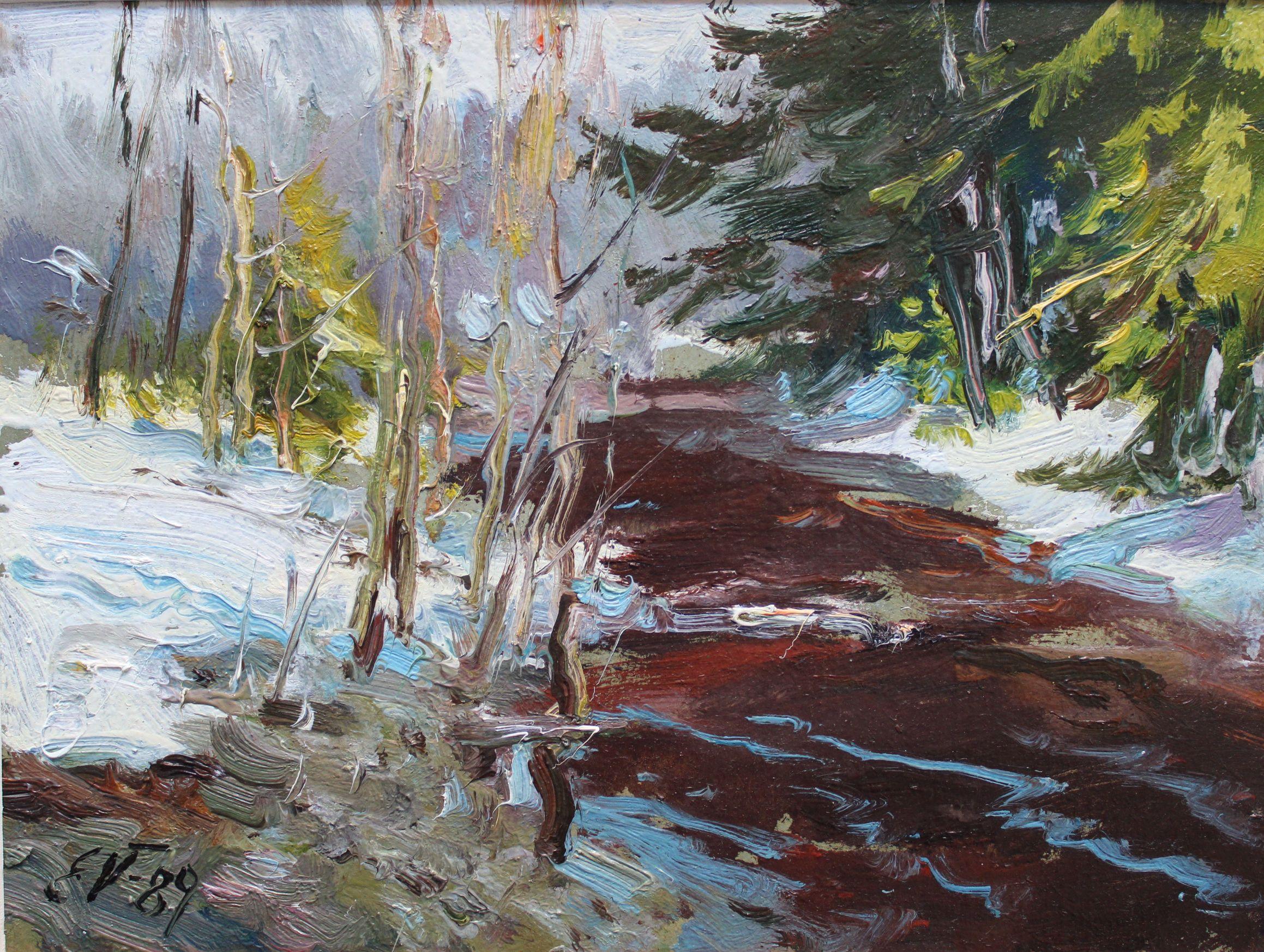 March  24x32 cm, oil/cardboard, 1990 - Impressionist Painting by Edgars Vinters