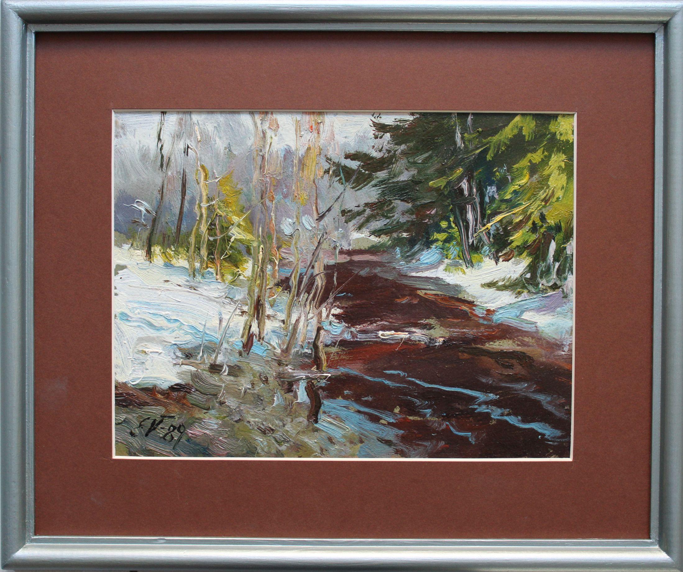 March  24x32 cm, oil/cardboard, 1990 - Gray Landscape Painting by Edgars Vinters