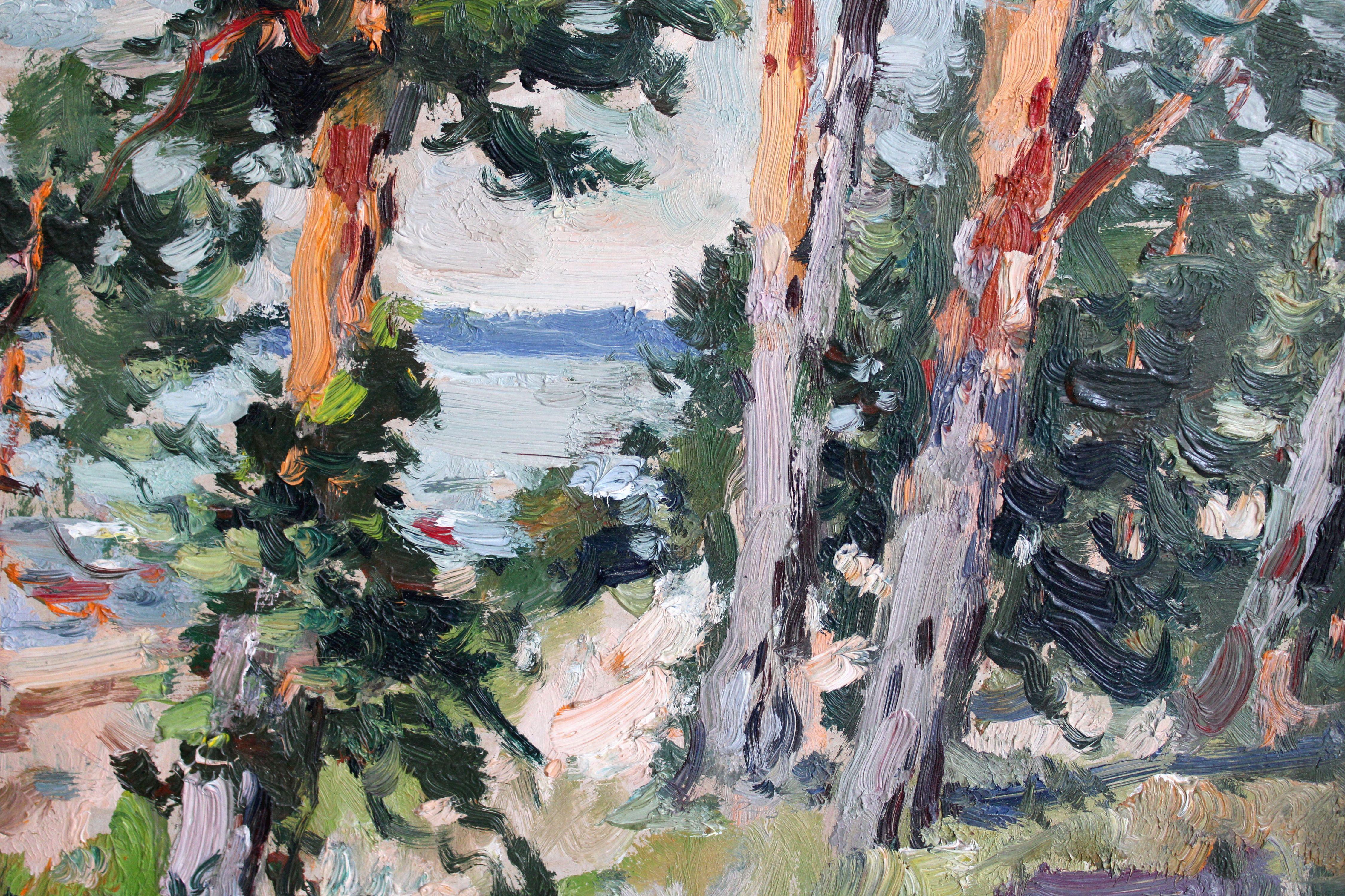 Pine trees on the seashore. 1981, cardboard, oil, 46x65 cm - Impressionist Painting by Edgars Vinters