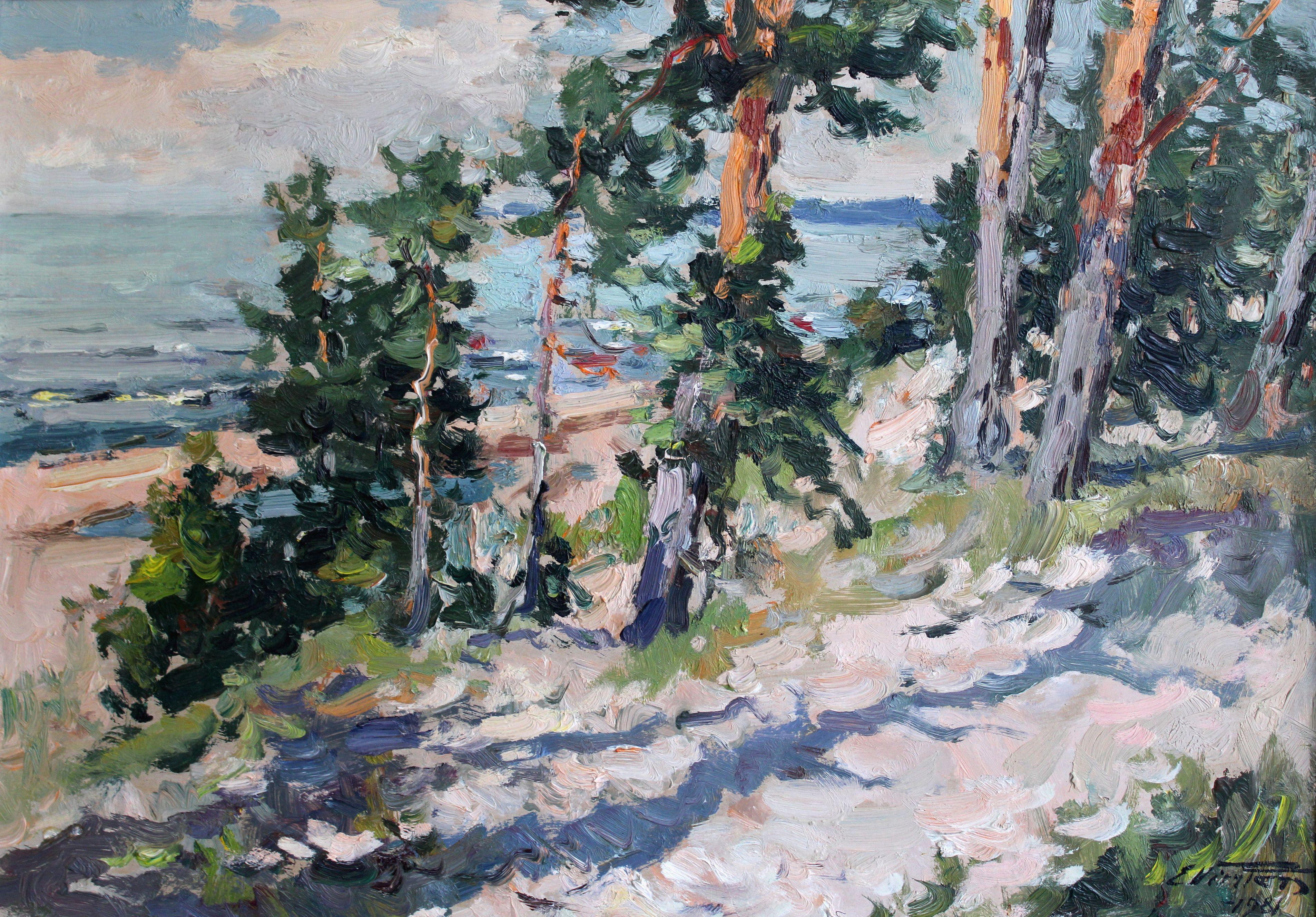 Edgars Vinters Landscape Painting - Pine trees on the seashore. 1981, cardboard, oil, 46x65 cm