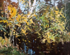 River in autumn. 1984, cardboard, oil, 40x50 cm