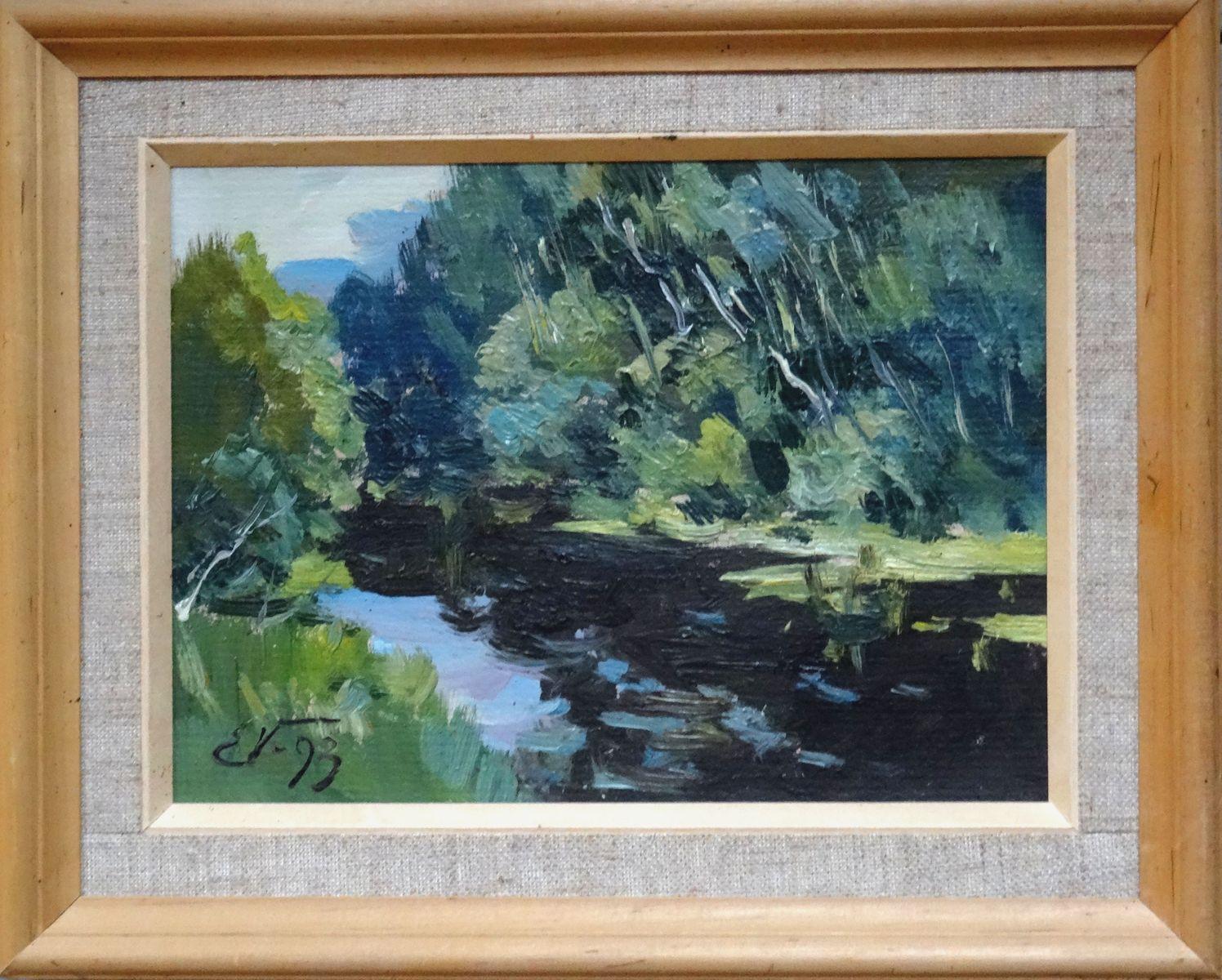 River in spring. 1993. Cardboard, oil, 23x32 cm - Painting by Edgars Vinters